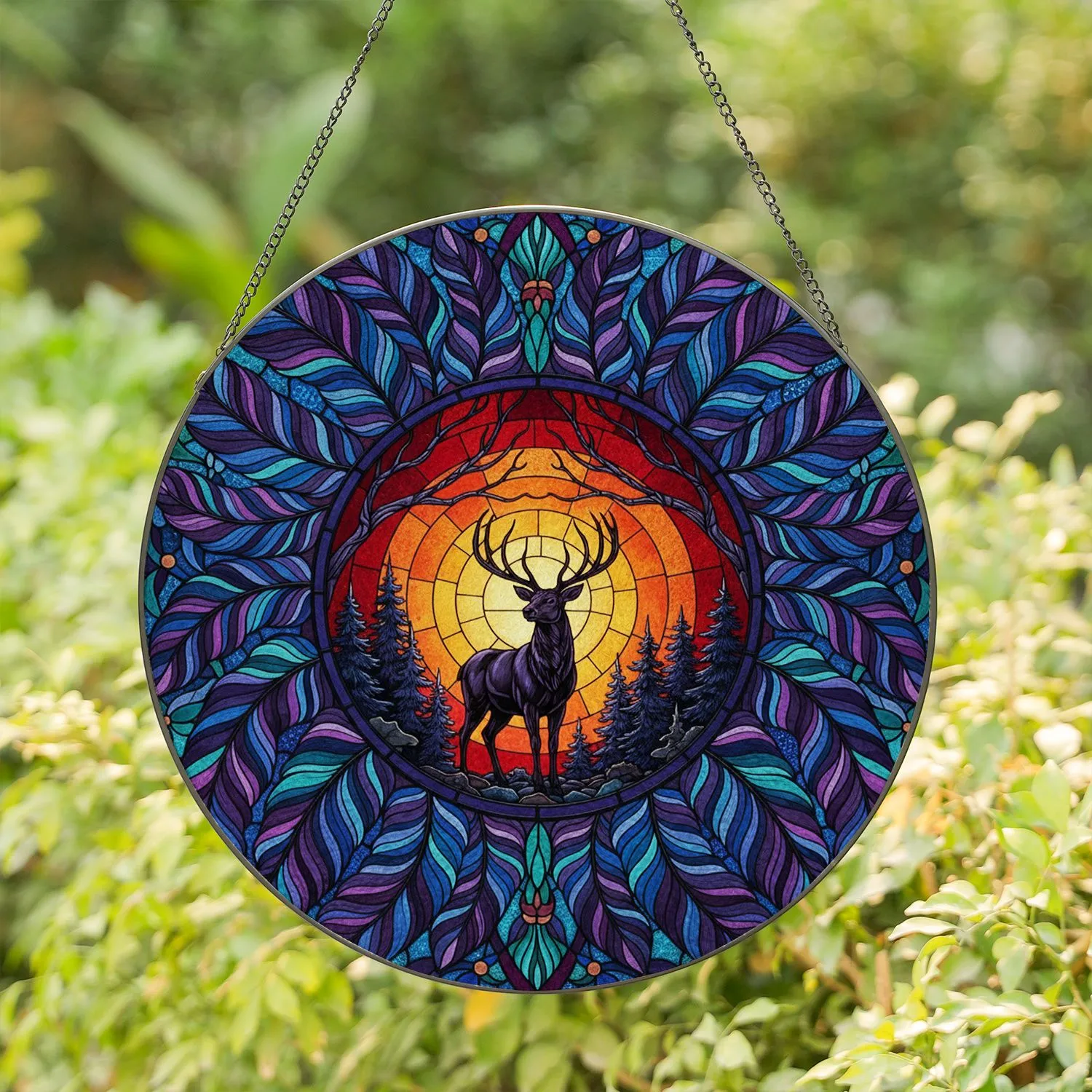 Stag Pine Forest Bare Branches Amber Crimson Sunset Feathers - Home Decor Gift for Wildlife Lover Stained Glass Suncatcher - 1