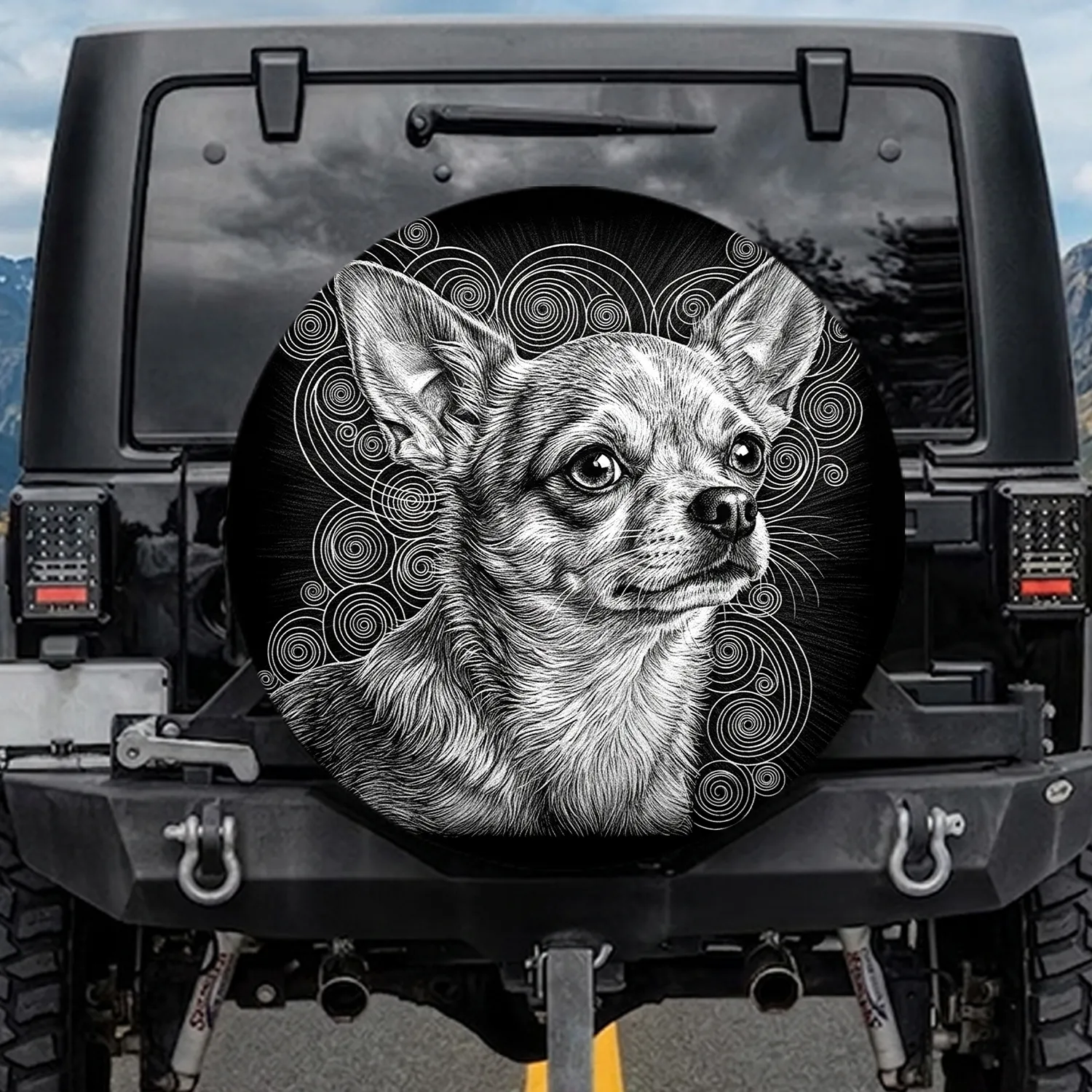 High Contrast Black White Chihuahua Dog Portrait - Pet Lover Gift for Dog Owner Spare Tire Cover - 1