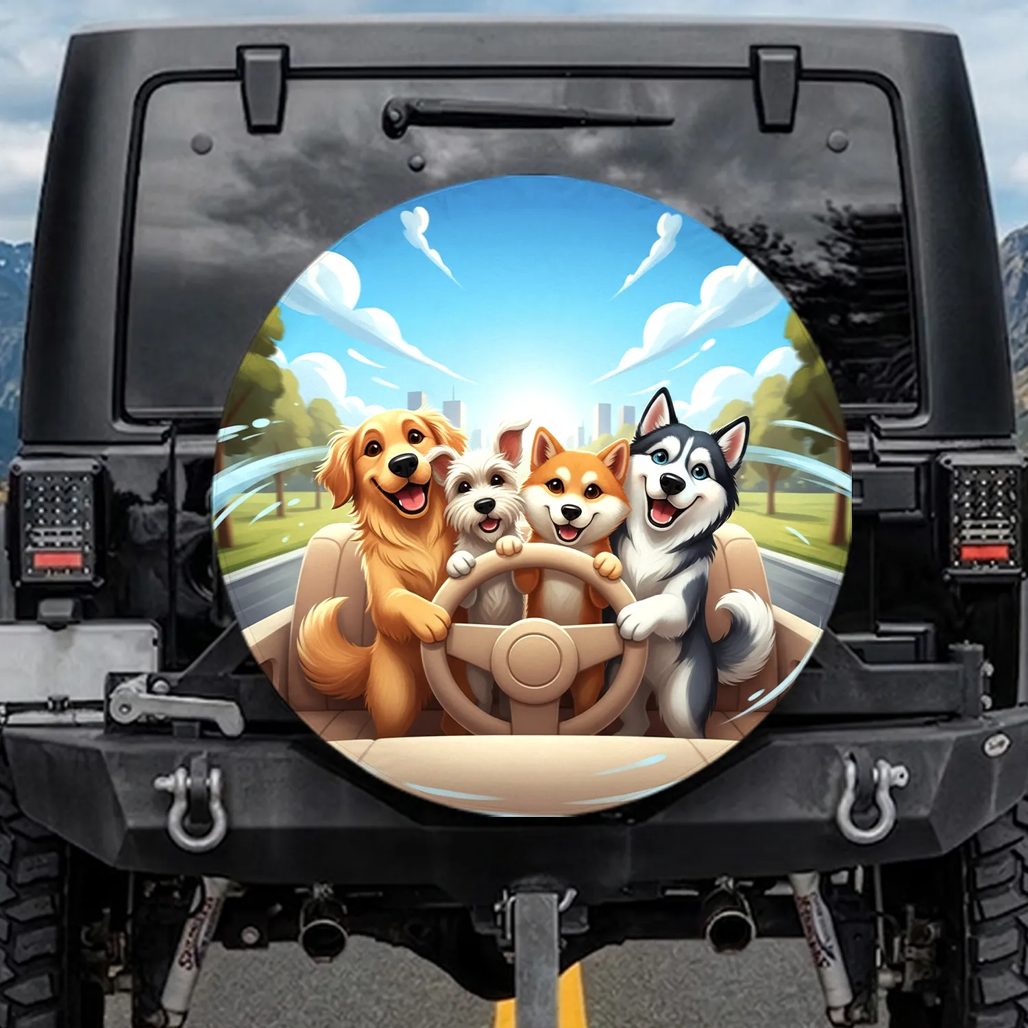 Golden Retriever Terrier Shiba Husky Steering Wheel Open Road - Travel Essentials Spare Tire Cover - 1