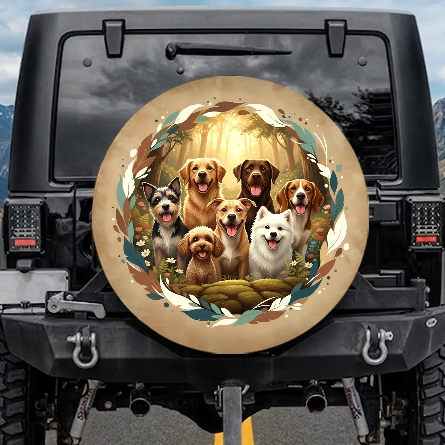 Seven Happy Dog Breeds Outdoor Adventure Gift for Pet Owners Spare Tire Cover - 1