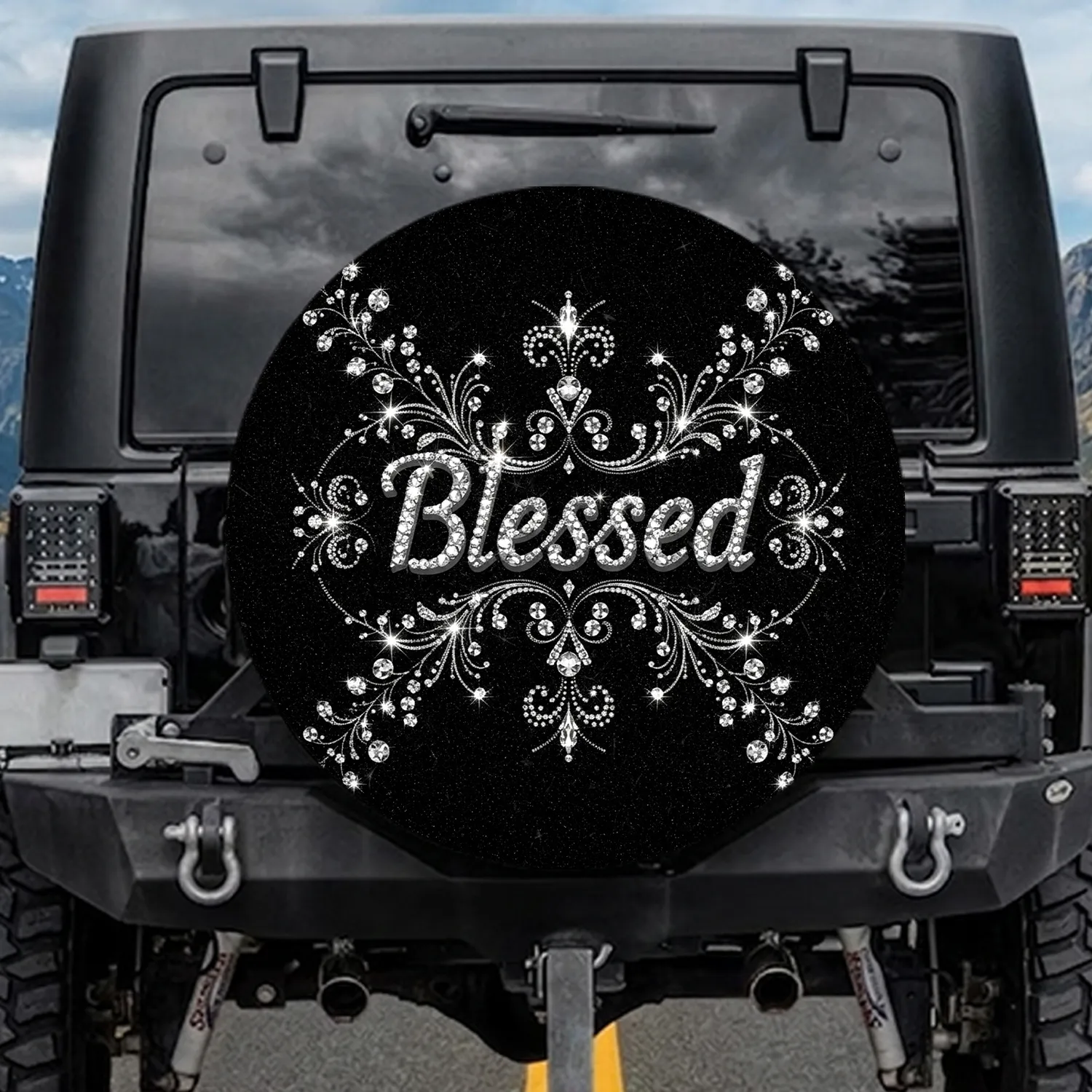 Blessed Crystal Rhinestone Script Sparkling Flourishes - Luxury Lifestyle Gift Spare Tire Cover - 1
