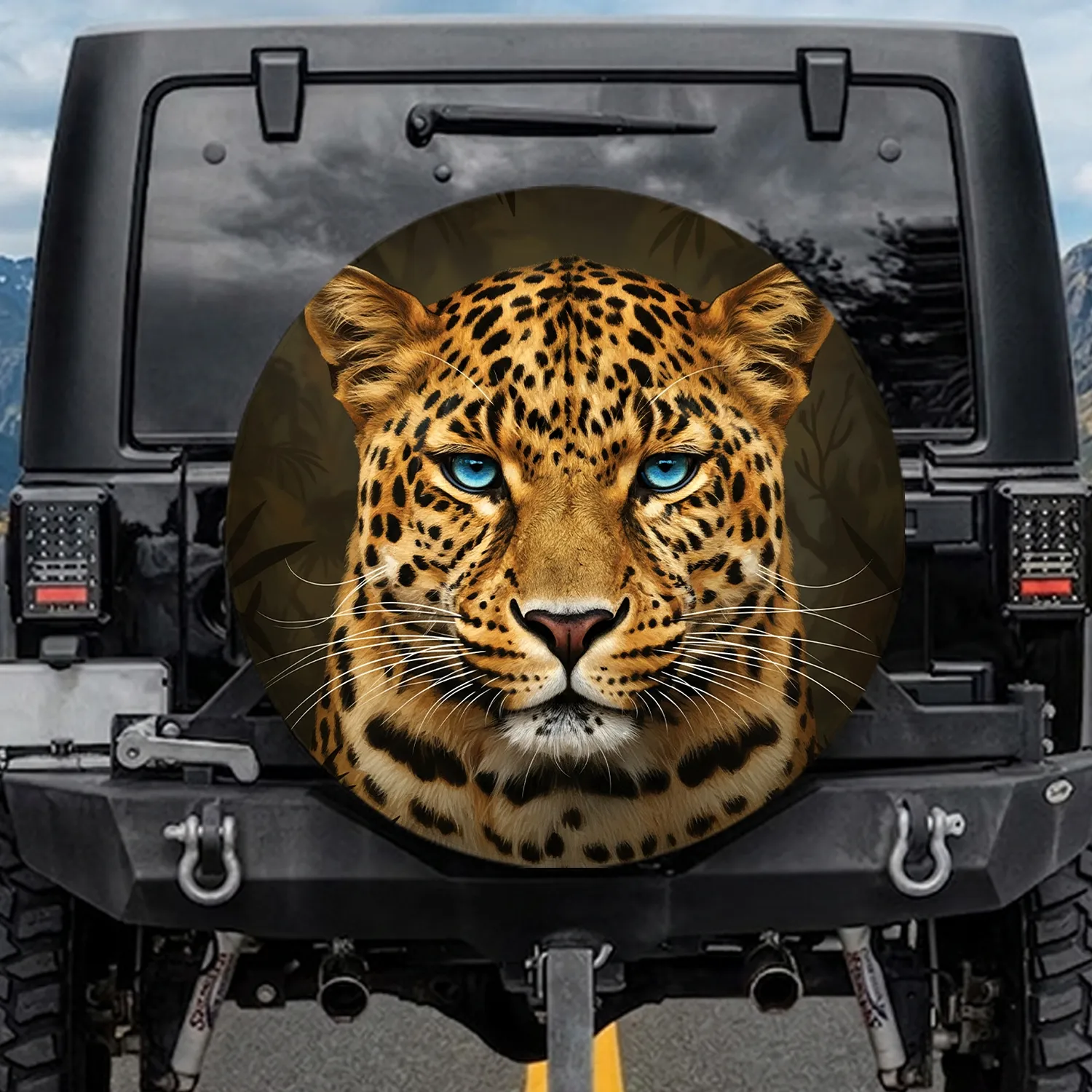 Majestic Leopard Electric Blue Eyes Golden Fur Black Rosettes - Wildlife Lover Gift Spare Tire Cover - 1