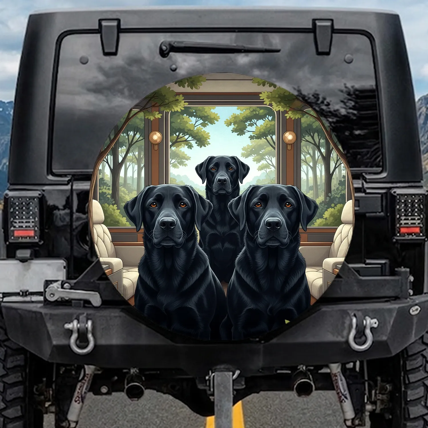Black Labrador Retrievers Lush Interior Landscape - Dog Lover Gift Spare Tire Cover - 1