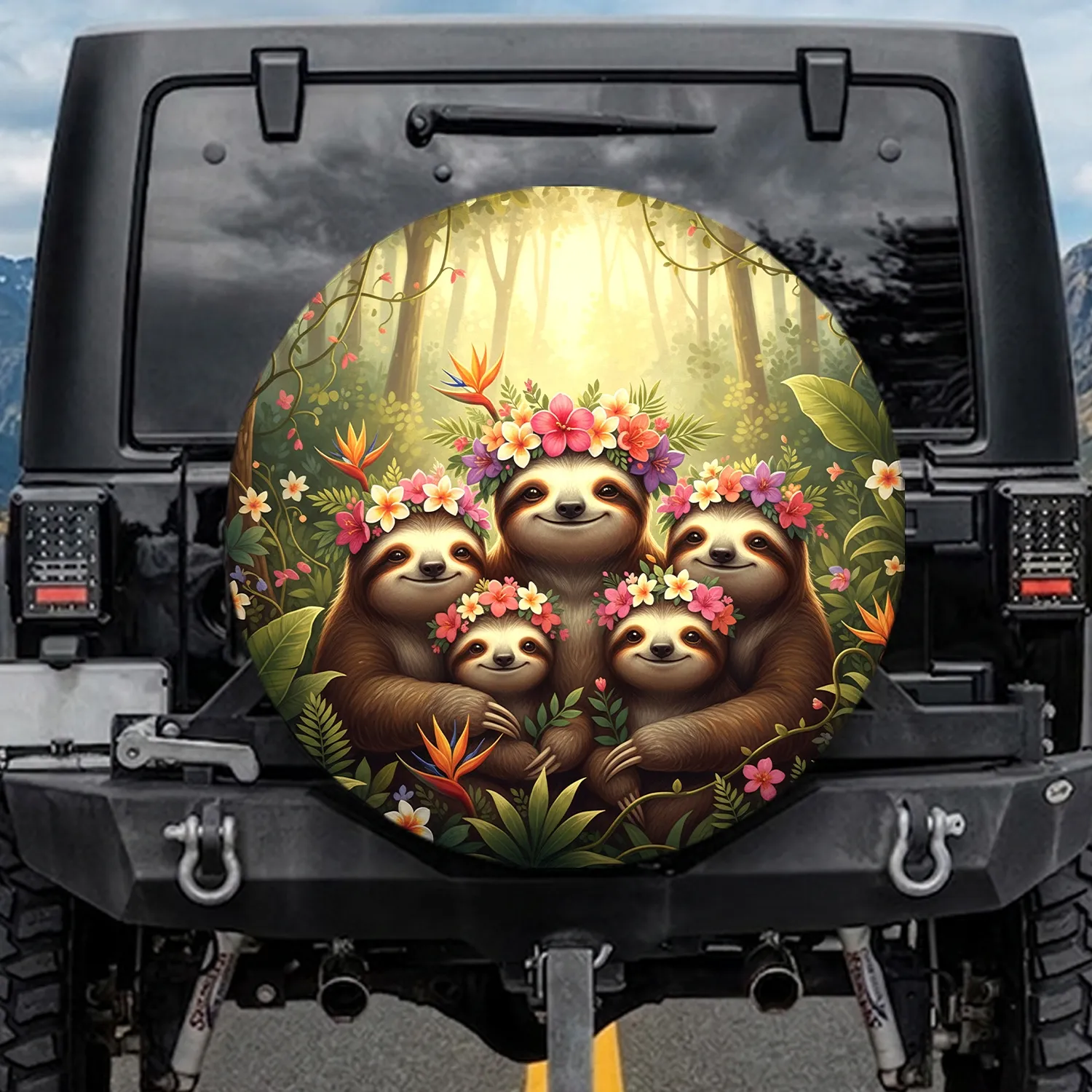 Sloth Flower Crown Tropical Forest - Wildlife Lover Gift Spare Tire Cover - 1