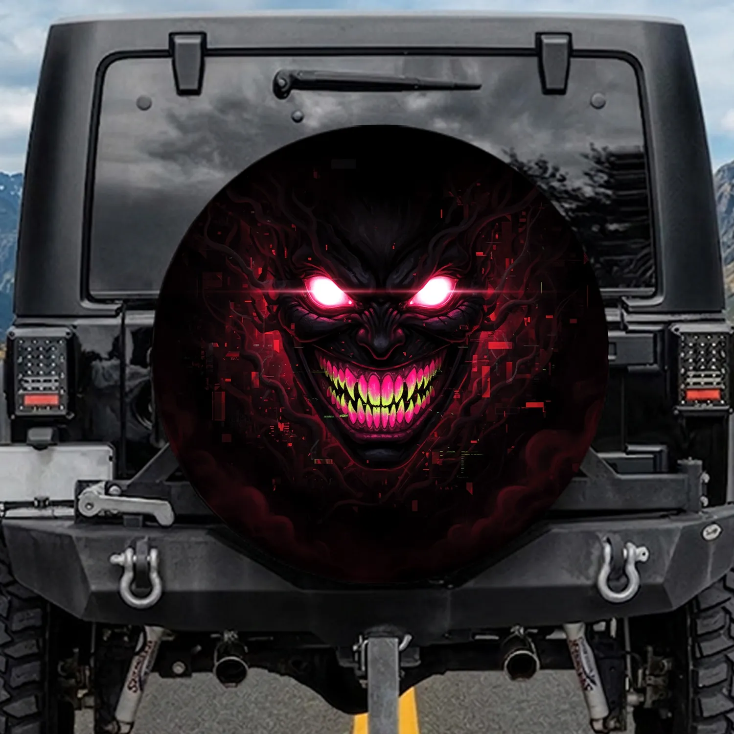 Ominous Dark Energy Grinning Monster Glitch Teeth - Car Enthusiast Gift Spare Tire Cover - 1