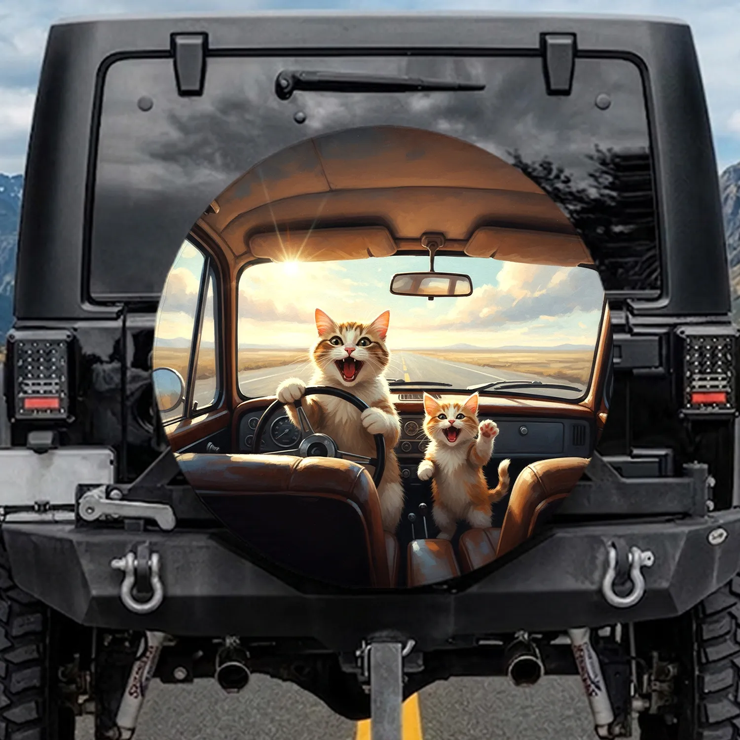 Orange White Cats Driving Vehicle - Road Trip Adventure Gift for Cat Lover Spare Tire Cover - 1
