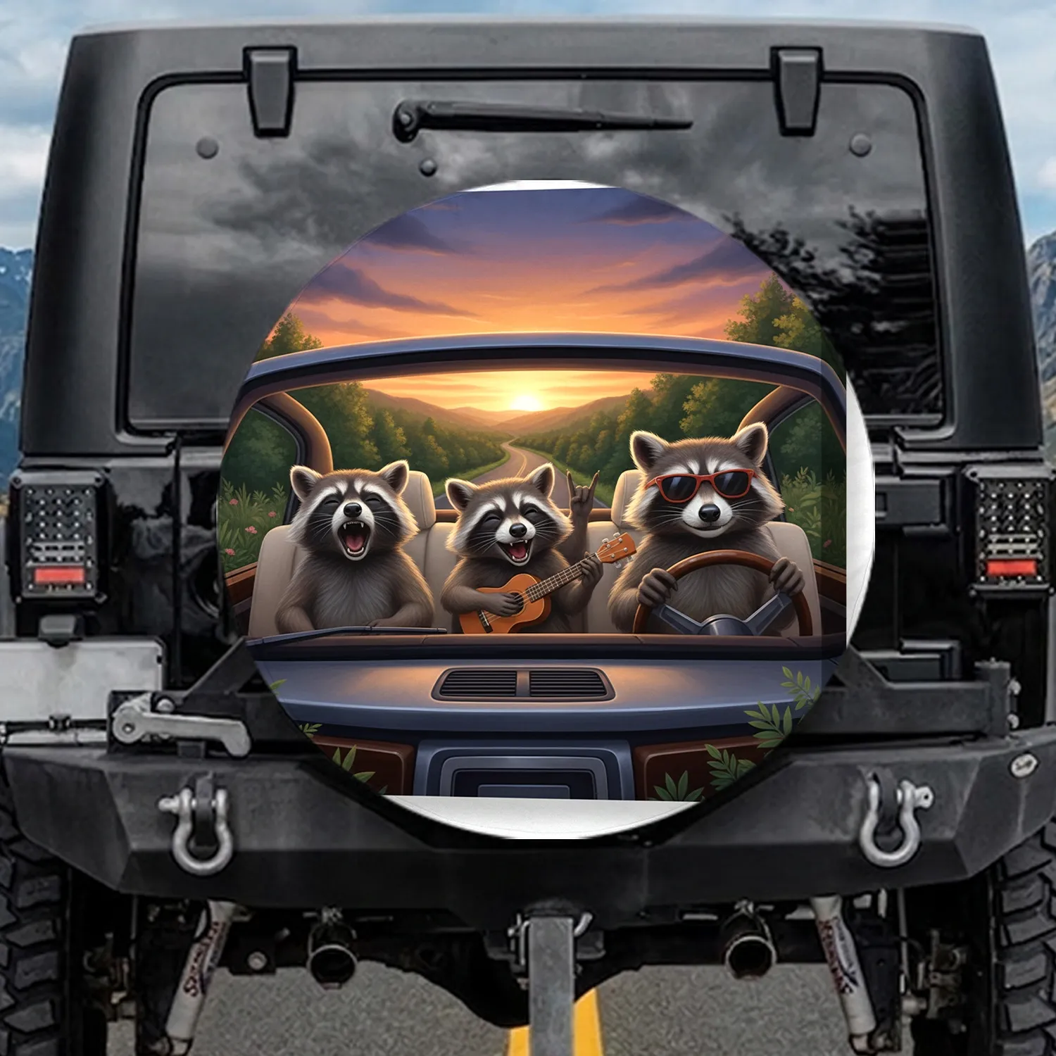Raccoons Driving Vehicle Sunset - Road Trip Adventure Gift Spare Tire Cover - 1