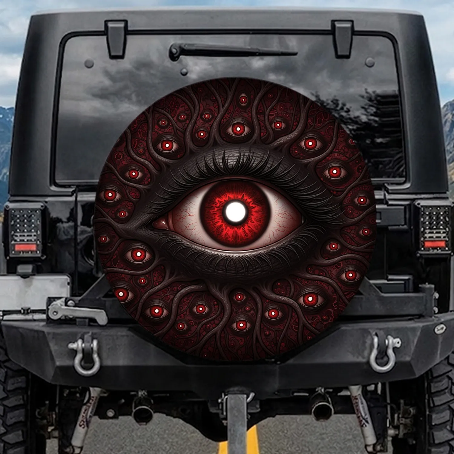 Massive Red Iris Eye White Pupil Glowing Eyes Dark Fleshy Veins Sinews - Home Decor Gift Spare Tire Cover - 1