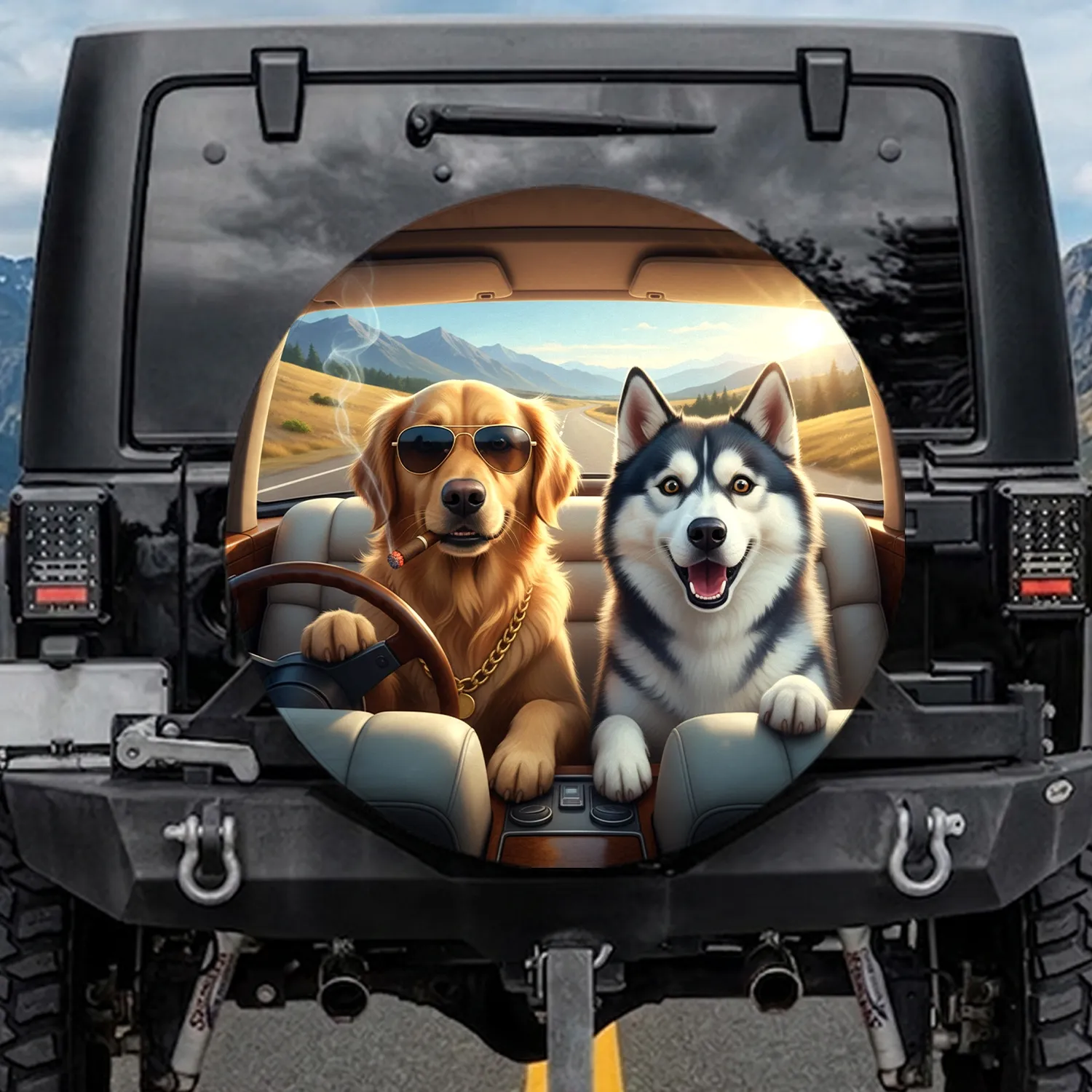 Golden Retriever Husky Buddy Cop Road Trip - Dog Lover Travel Gift Spare Tire Cover - 1