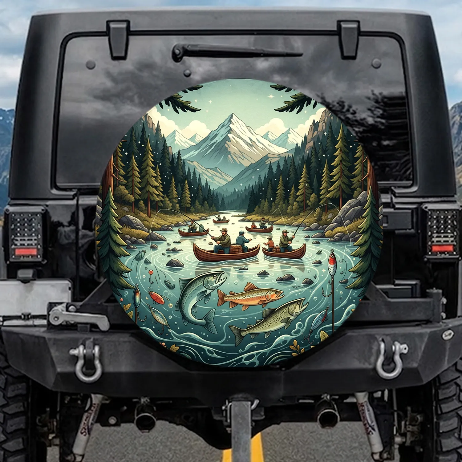 Outdoor Fishing Scene Fishermen Lake River Forest Mountains - Fishing Lover Gift Spare Tire Cover - 1