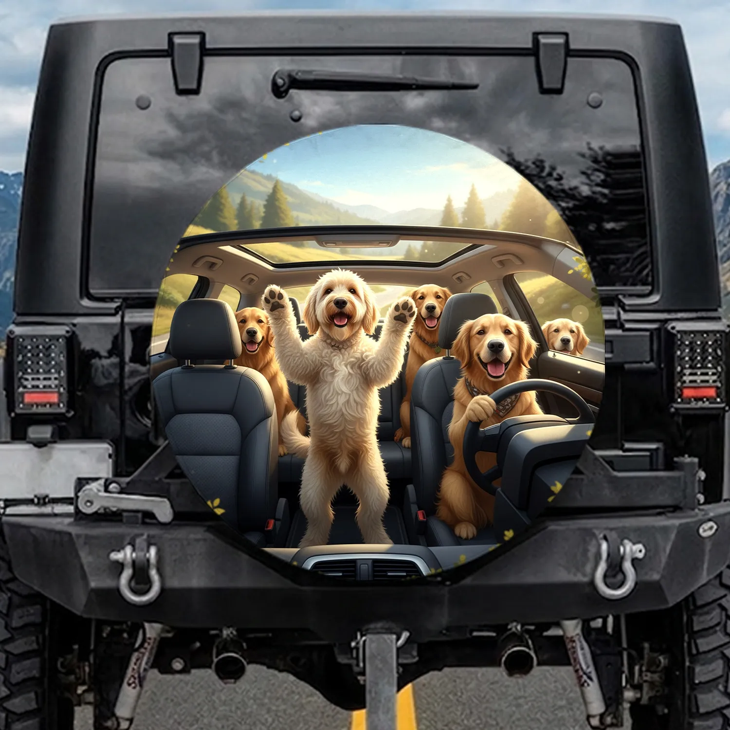 Golden Retriever Goldendoodle Dogs Vehicle Cabin Road Trip - Dog Lover Gift Spare Tire Cover - 1