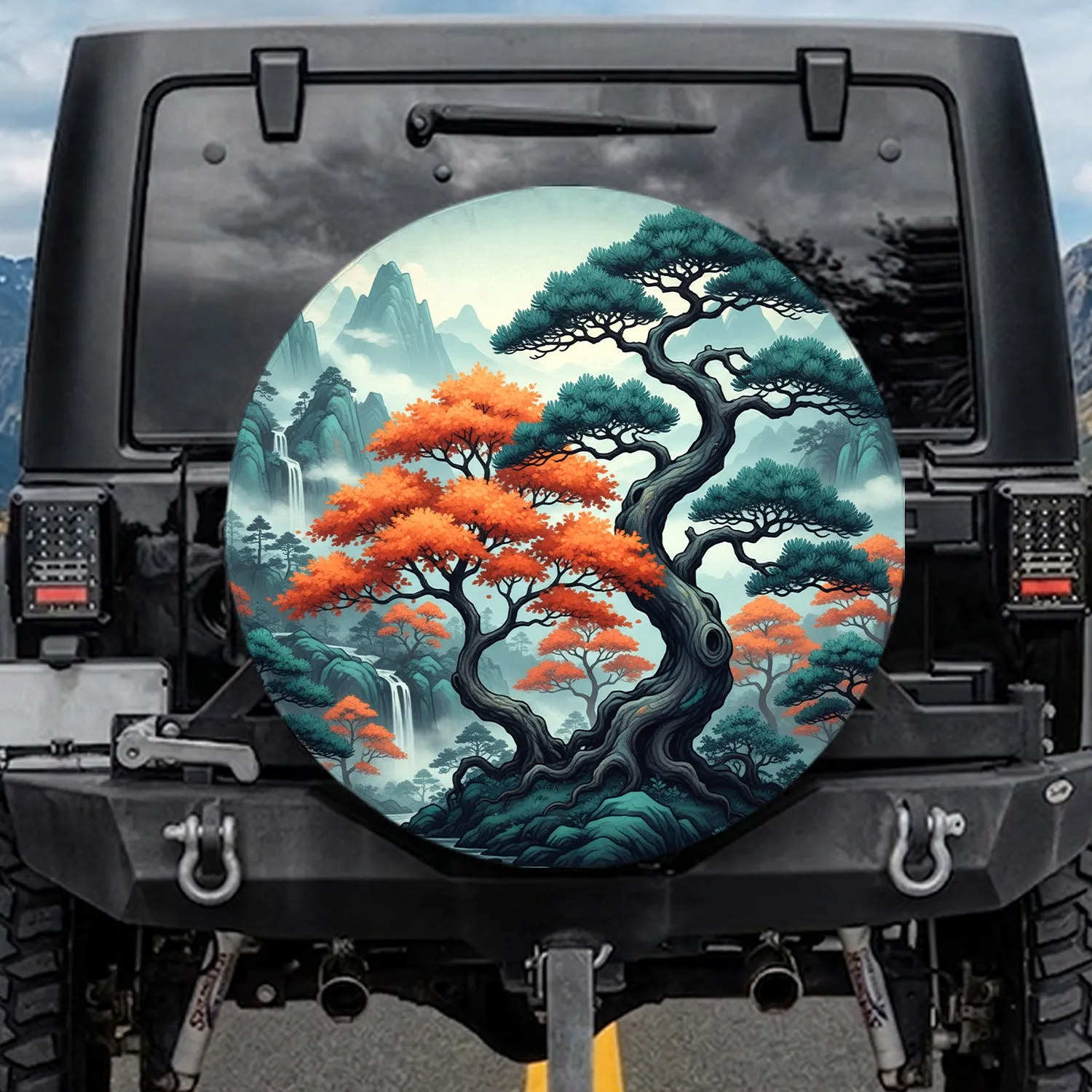 Gnarled Pine Maple Autumn Foliage Mountain Mist Asian Landscape - Road Trip Essentials Spare Tire Cover - 1