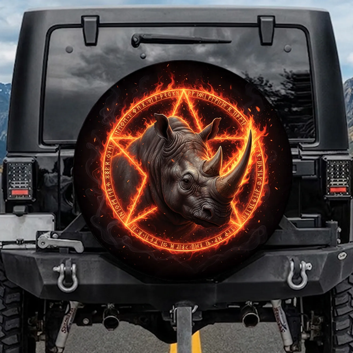 Rhinoceros Fiery Pentagram - Mythical Creature Lover Gift Spare Tire Cover - 1