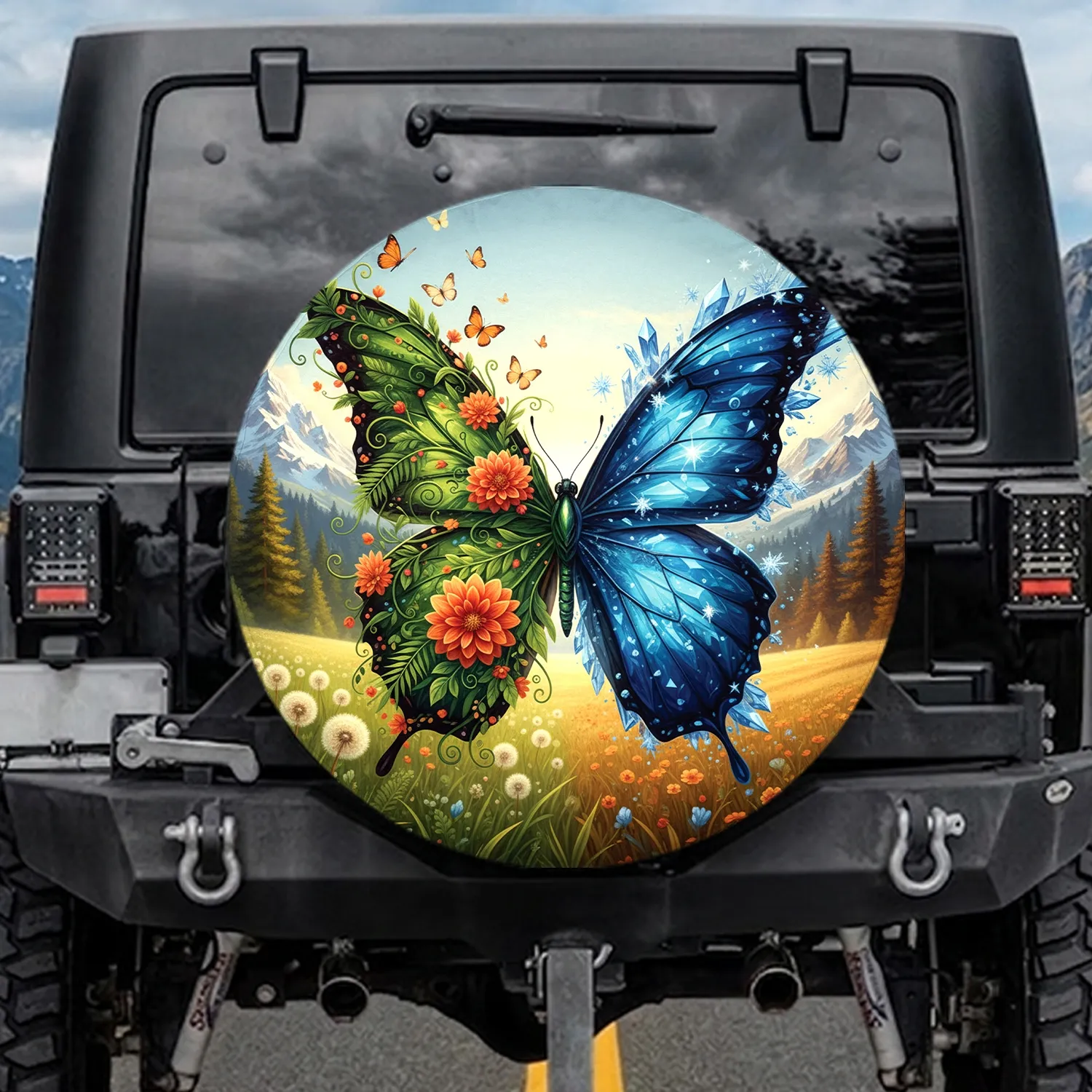Majestic Butterfly Dahlia Dandelion Mountain Landscape - Outdoor Lover Gift Spare Tire Cover - 1