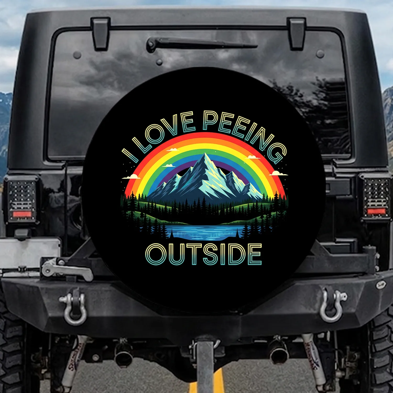Peeing Outside Text Mountain Rainbow Lake Forest Nature Lover Gift Spare Tire Cover - 1