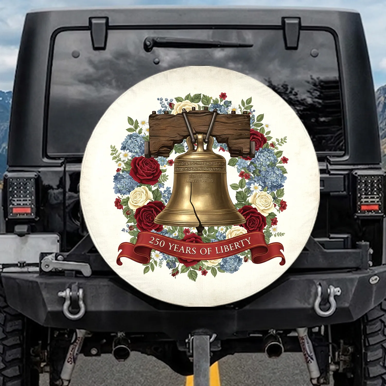 Antique Brass Liberty Bell Patriotic Floral Wreath - 250 Years Anniversary Gift Spare Tire Cover - 1