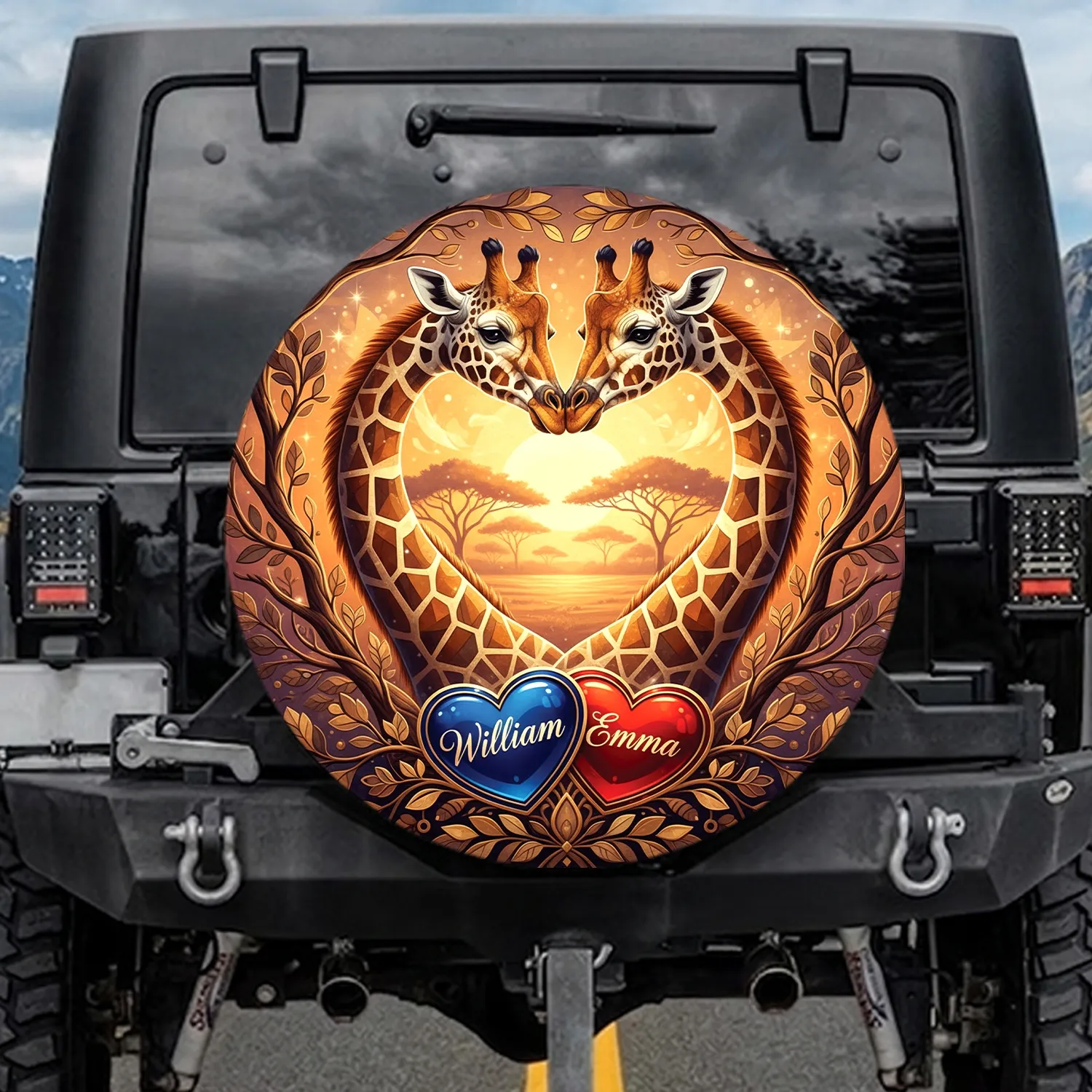 Nuzzling Giraffes Heart Emblems Custom Name Savanna Sunset - Couples Anniversary Gift Spare Tire Cover - 1