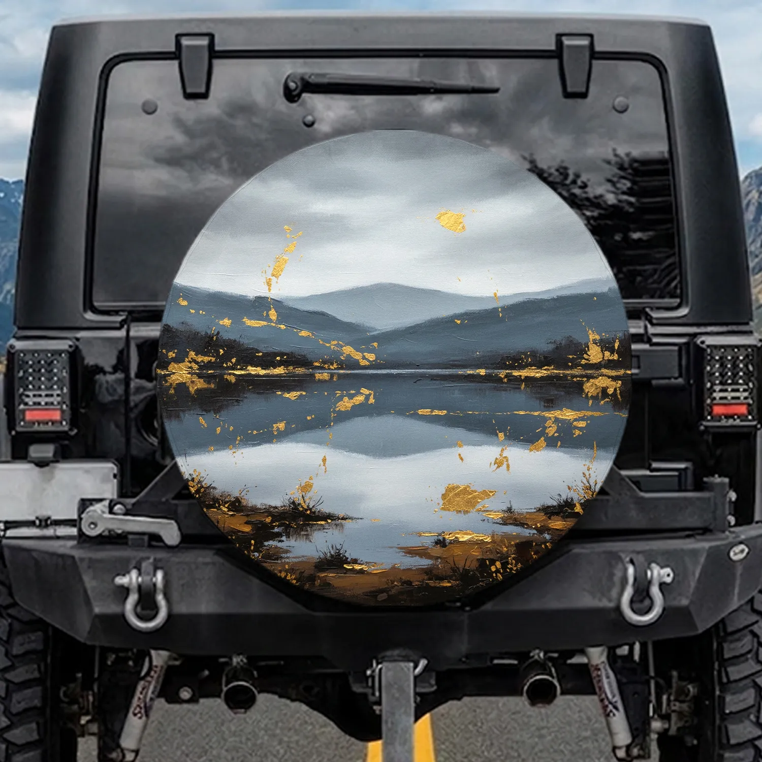 Misty Mountain Waterscape Gold Leaf Landscape - Travel Essentials Spare Tire Cover - 1
