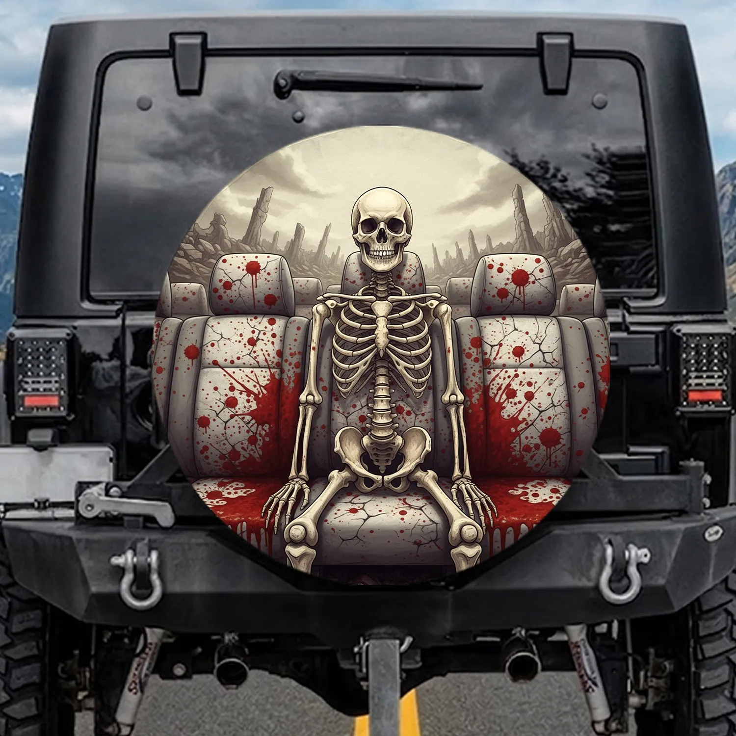 Grim Skeleton Ruined Car Interior Blood Spatter - Halloween Decor Gift Spare Tire Cover - 1