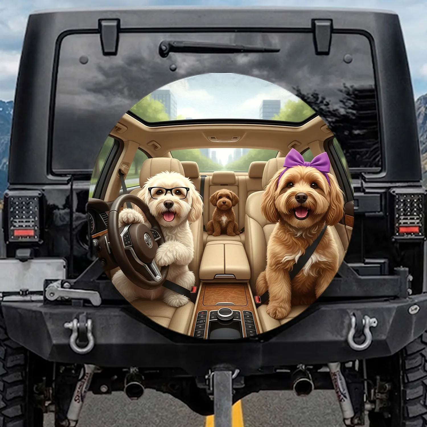 Dogs Luxury Car Interior Urban Landscape - Dog Lover Vehicle Gift Spare Tire Cover - 1