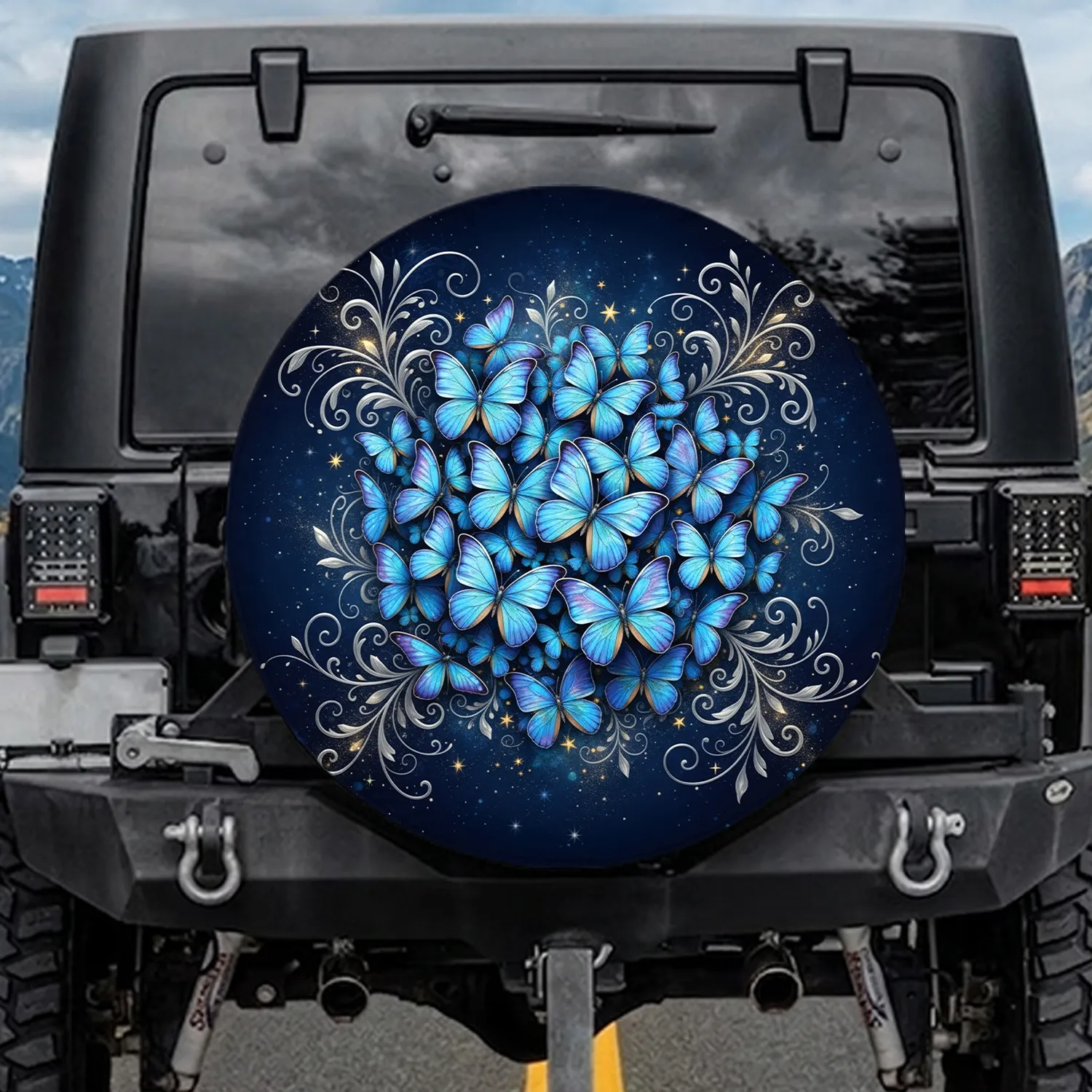 Iridescent Blue Butterflies Silver Floral Star Sky - Home Decor Gift for Butterfly Lover Spare Tire Cover - 1