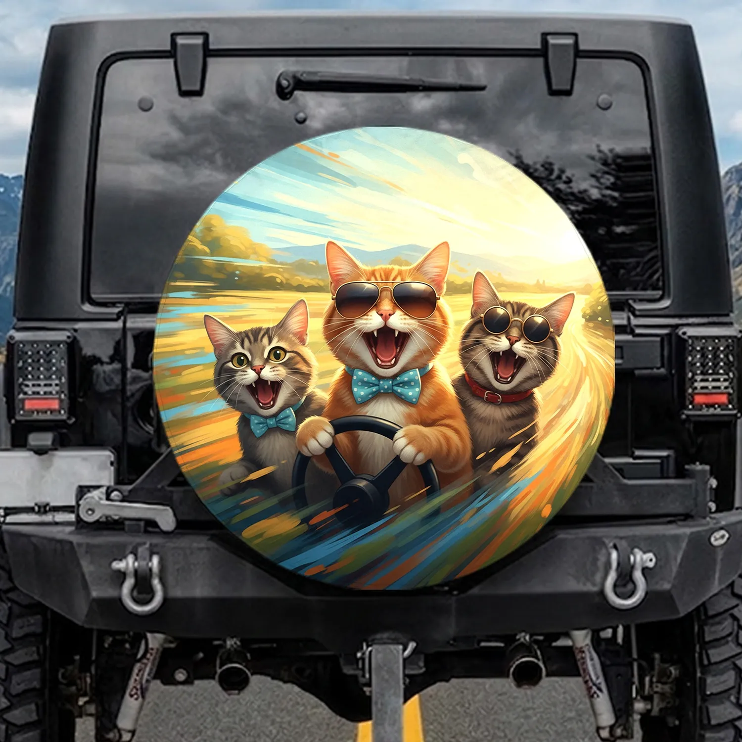 Four Tabby Cats Driving Sing-Along - Road Trip Essentials Cat Lover Gift Spare Tire Cover - 1