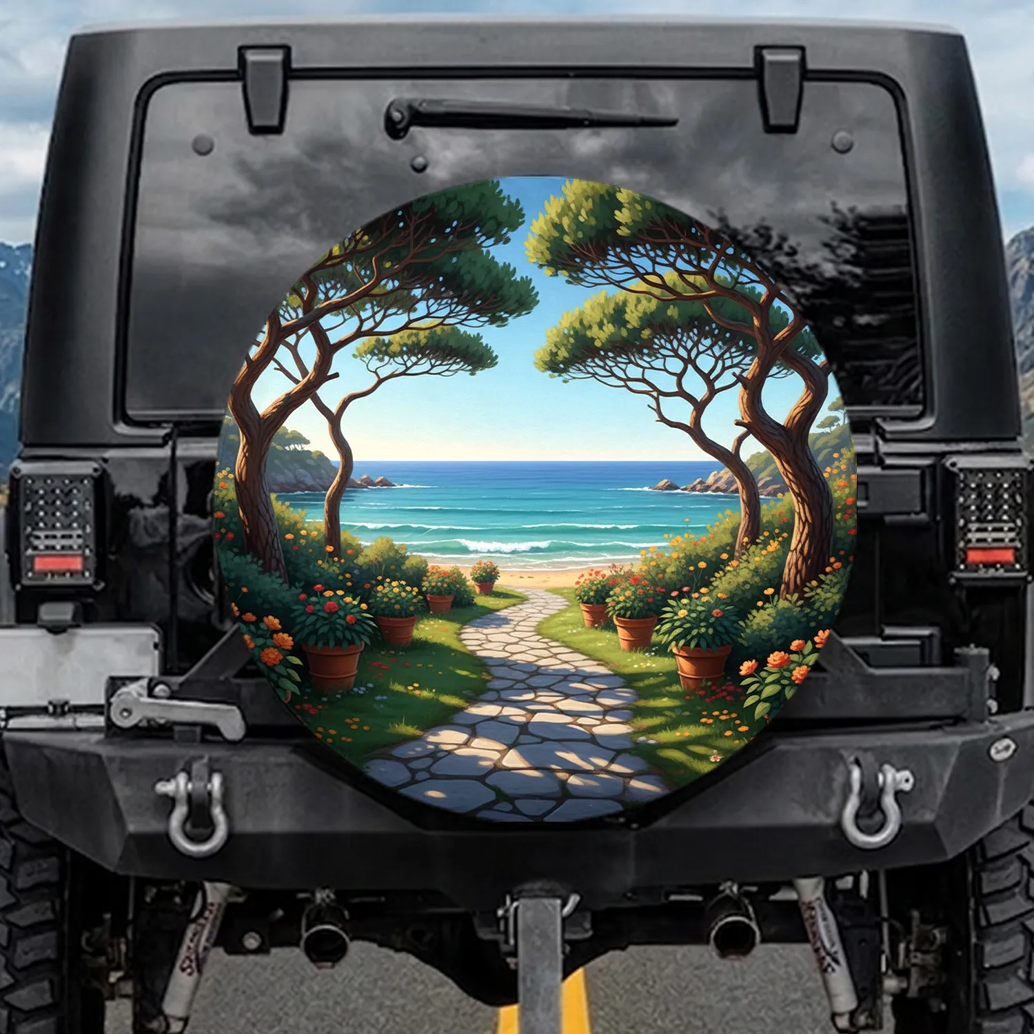 Flagstone Garden Path Ocean Vista - Coastal Decor Gift for Garden Lover Spare Tire Cover - 1