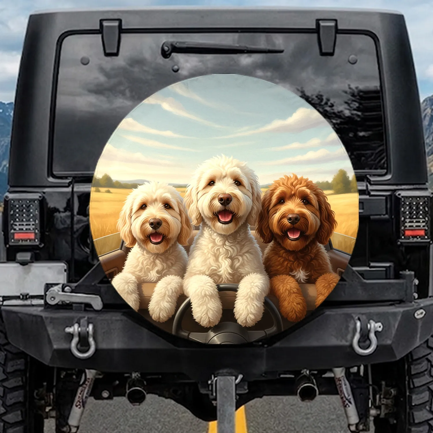 Goldendoodles Holding Steering Wheel Road Trip Adventure - Dog Lover Travel Gift Spare Tire Cover - 1
