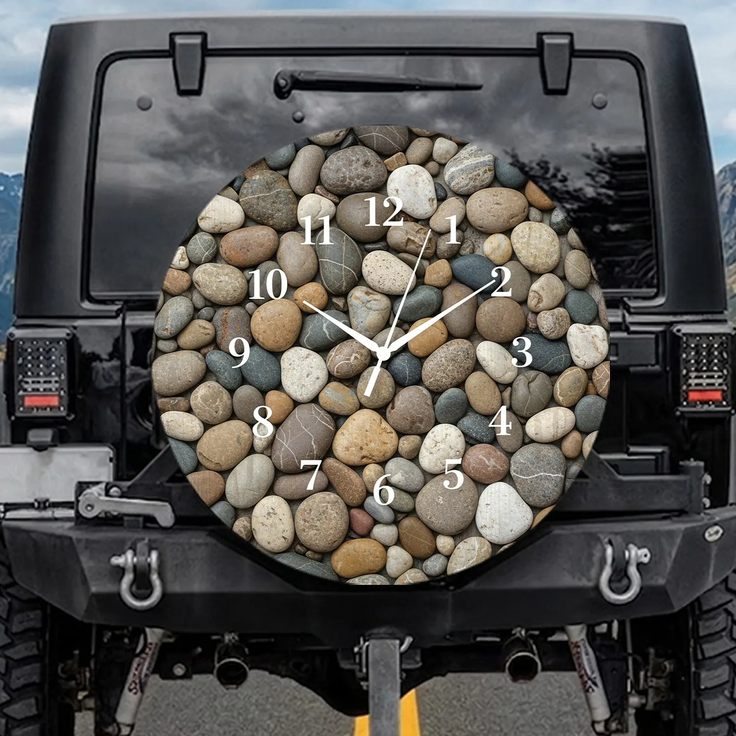 River Stone Pebbles Clock Face White Numerals - Outdoor Enthusiast Gift Spare Tire Cover - 1