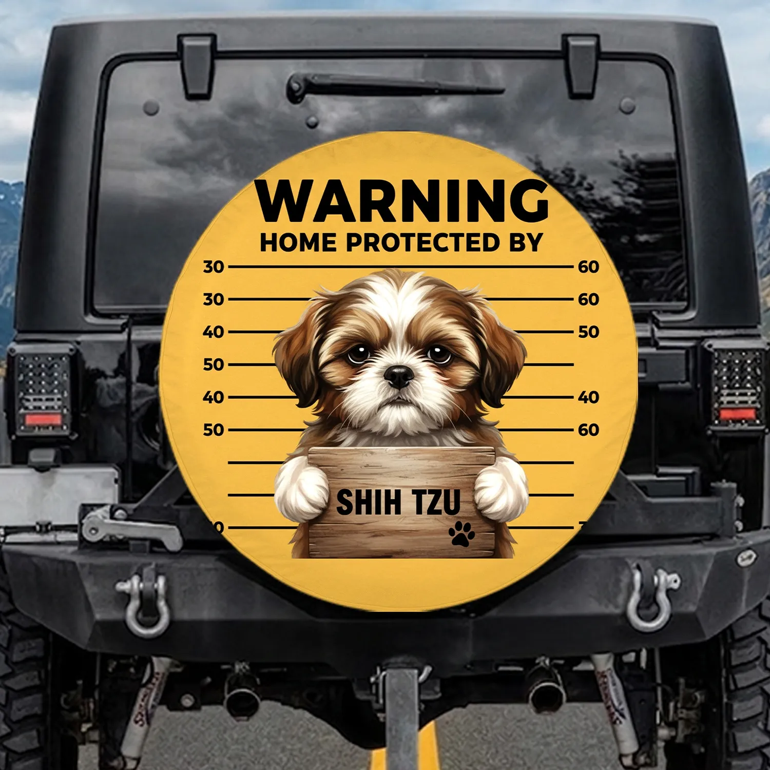 Grumpy Shih Tzu Puppy Mugshot Warning Home Protected - Dog Owner Gift Spare Tire Cover - 1