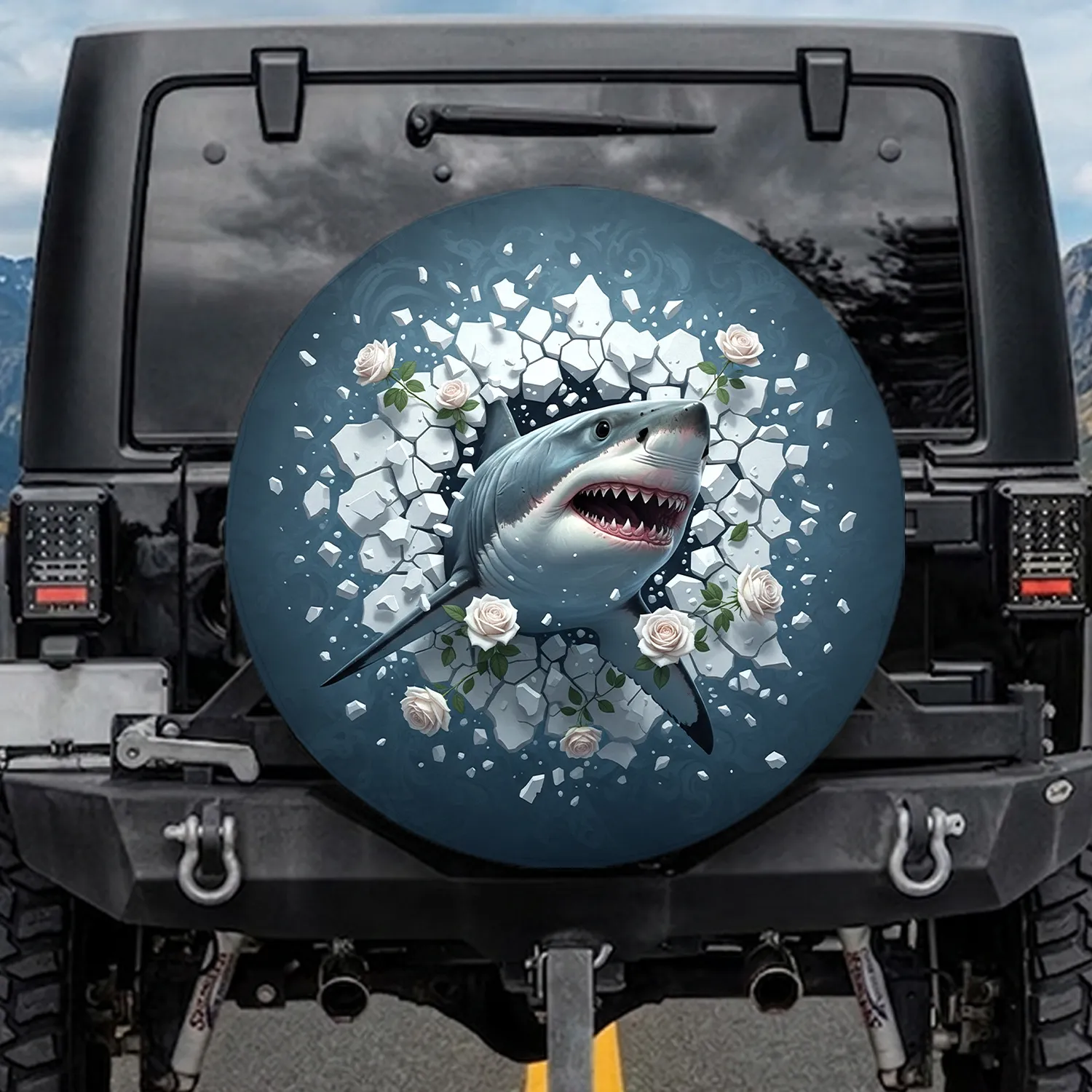Great White Shark Fractured Plaster White Rose - Wildlife Lover Gift for Shark Lovers Spare Tire Cover - 1