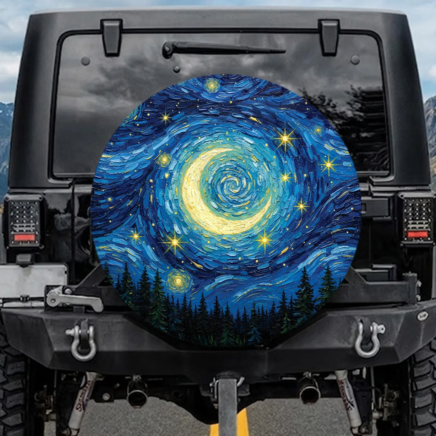 Luminous Moon Swirling Stars Celestial Forest - Stargazer Lifestyle Gift Spare Tire Cover - 1