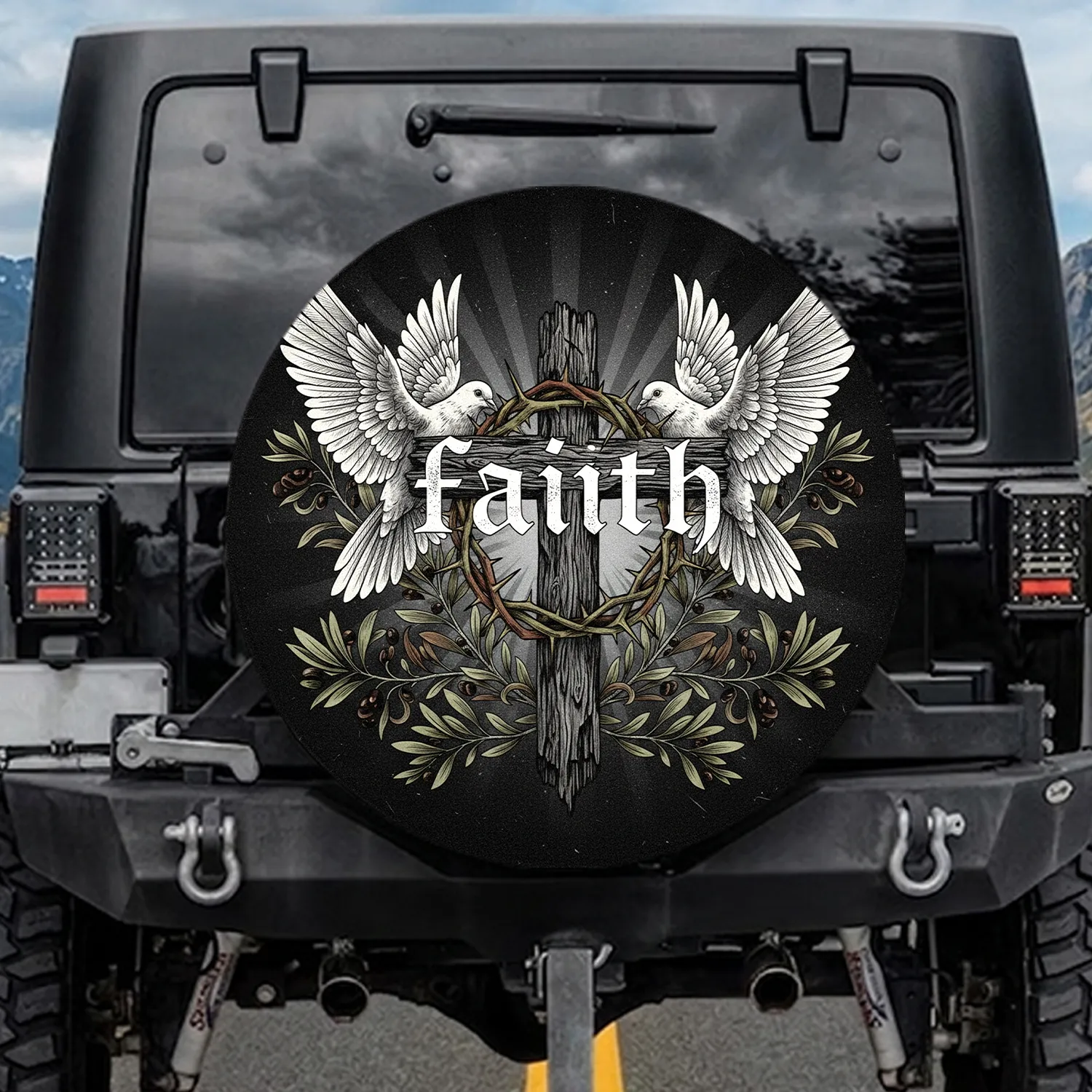 Wooden Cross Thorny Crown Doves Olive Faith - Spiritual Home Decor Gift for Faith Believer Spare Tire Cover - 1