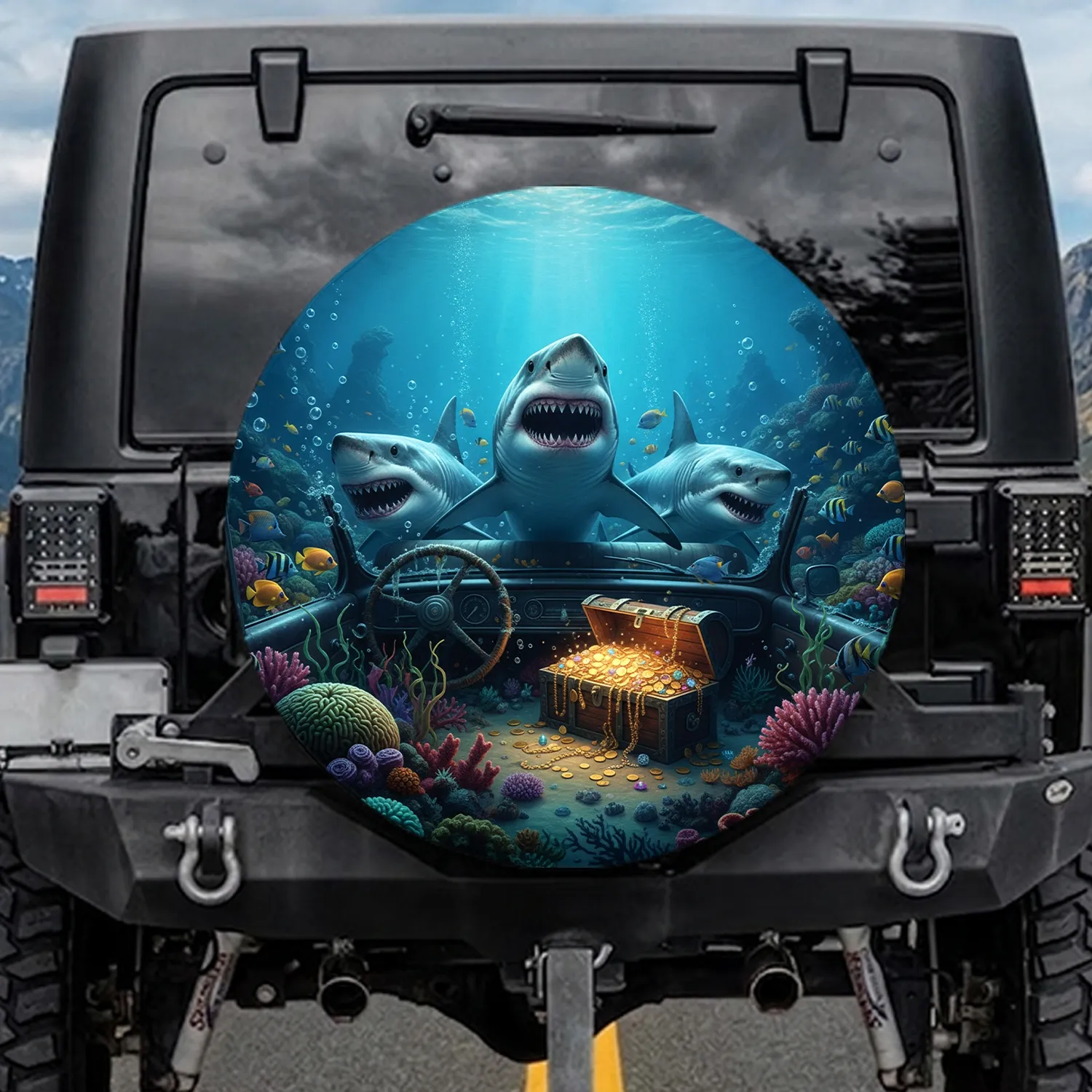 Great White Sharks Vintage Car Underwater Treasure Coral Reef - Ocean Explorer Gift Spare Tire Cover - 1