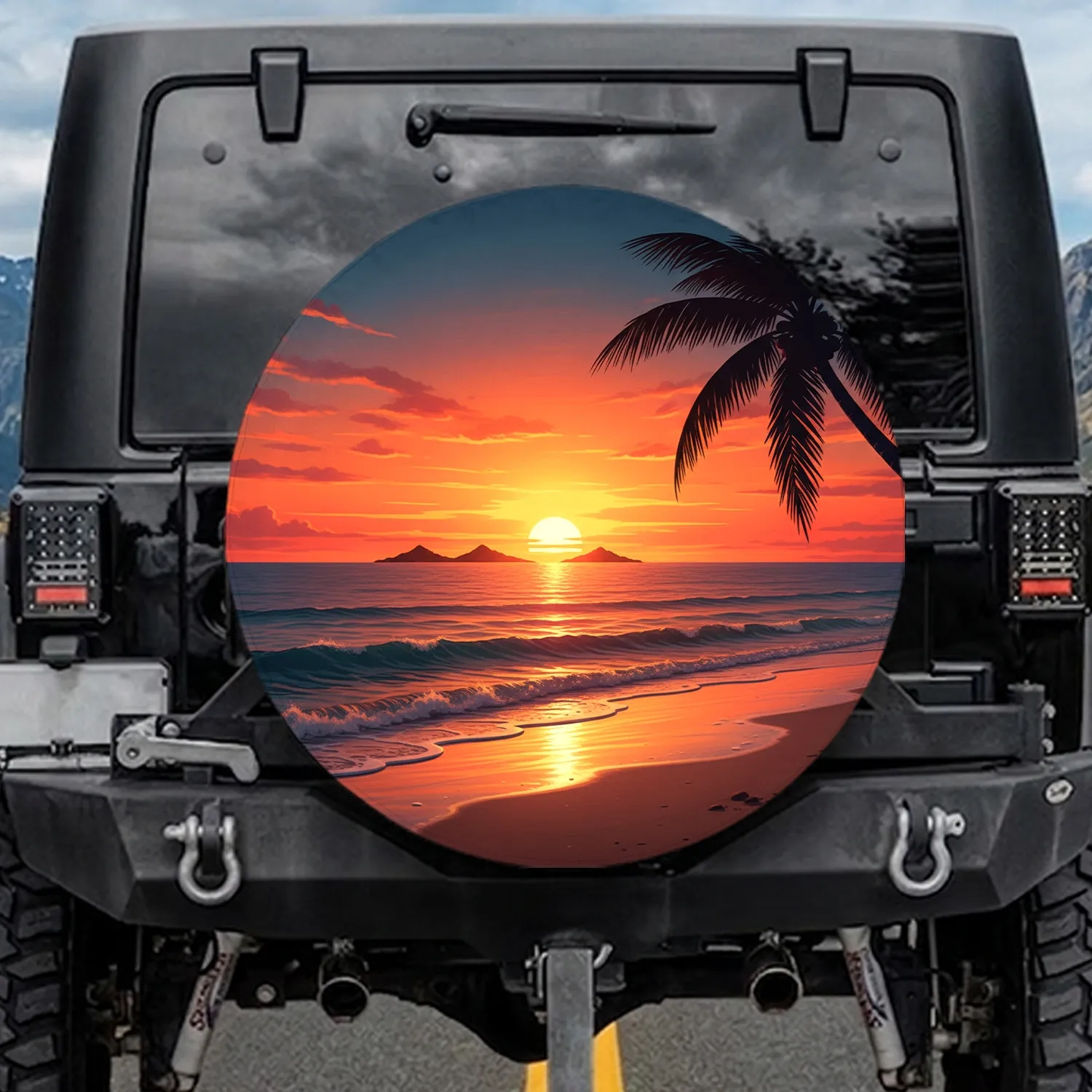 Tropical Beach Sunset Ocean Waves Island Palm Tree - Outdoor Adventure Gift Spare Tire Cover - 1