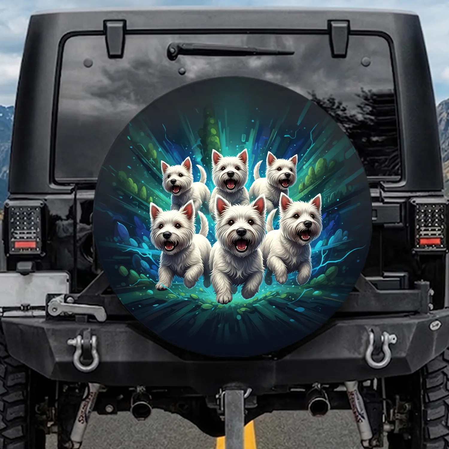 Six White Terrier Dogs Green Blue Streaks Background - Travel Adventure Gift Spare Tire Cover - 1