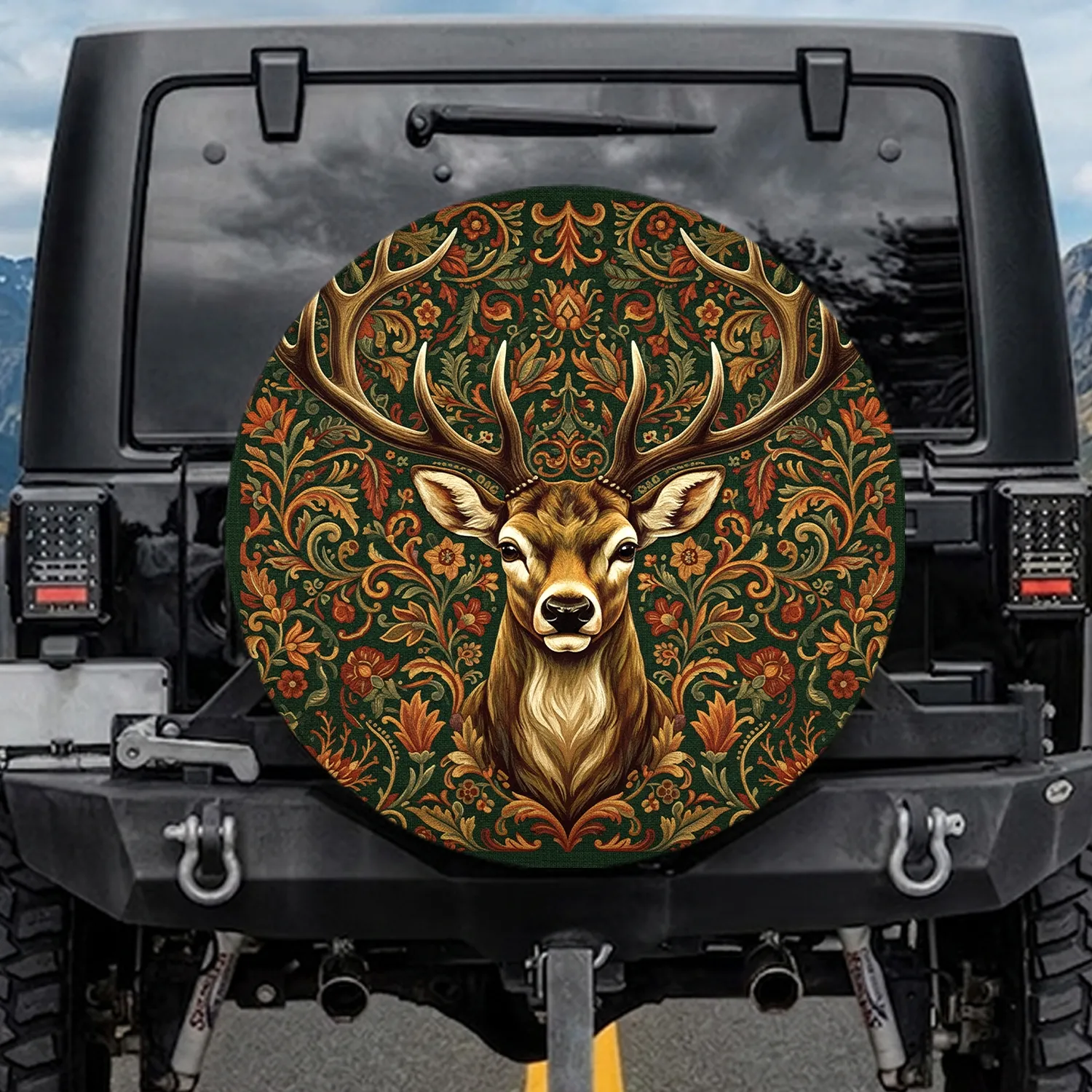 Deer Head Woodland Foliage Flowers - Home Decor Gift for Wildlife Lover Spare Tire Cover - 1
