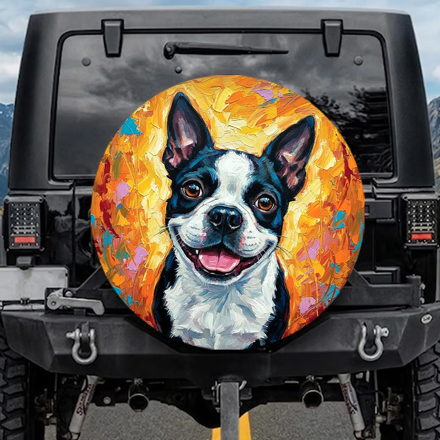 Close-up Pink Tongue Tilted Head Boston Terrier Dog Portrait - Dog Lover Everyday Use Gift Spare Tire Cover - 1
