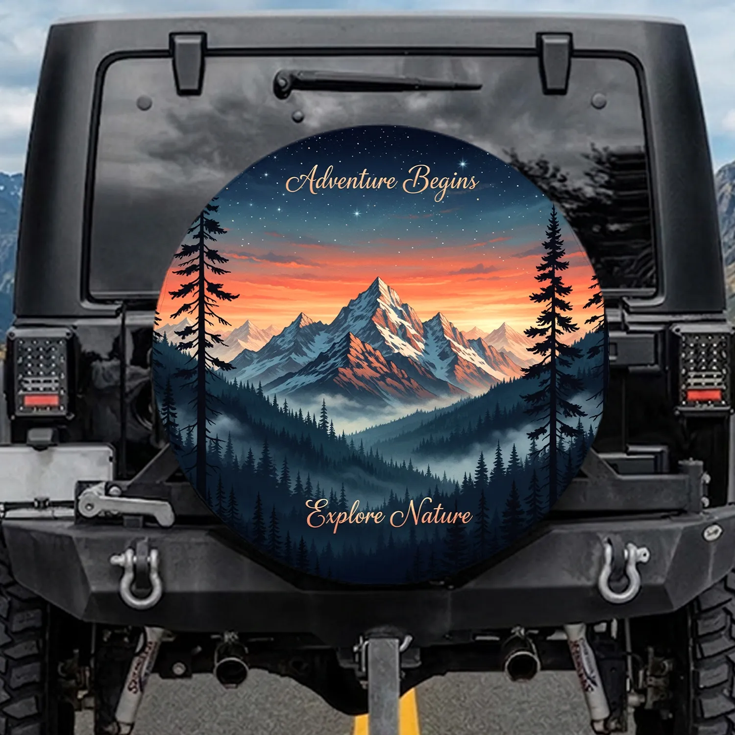 Adventure Begins Mountain Forest Landscape Starlit Sky - Nature Lover Gift Spare Tire Cover - 1