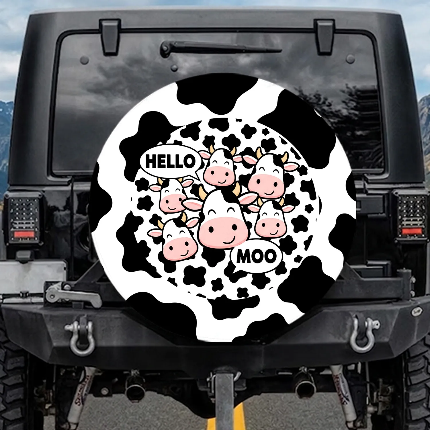 Cow Heads Hello Moo Speech Bubble Farmhouse Decor Gift for Cow Lover Spare Tire Cover - 1