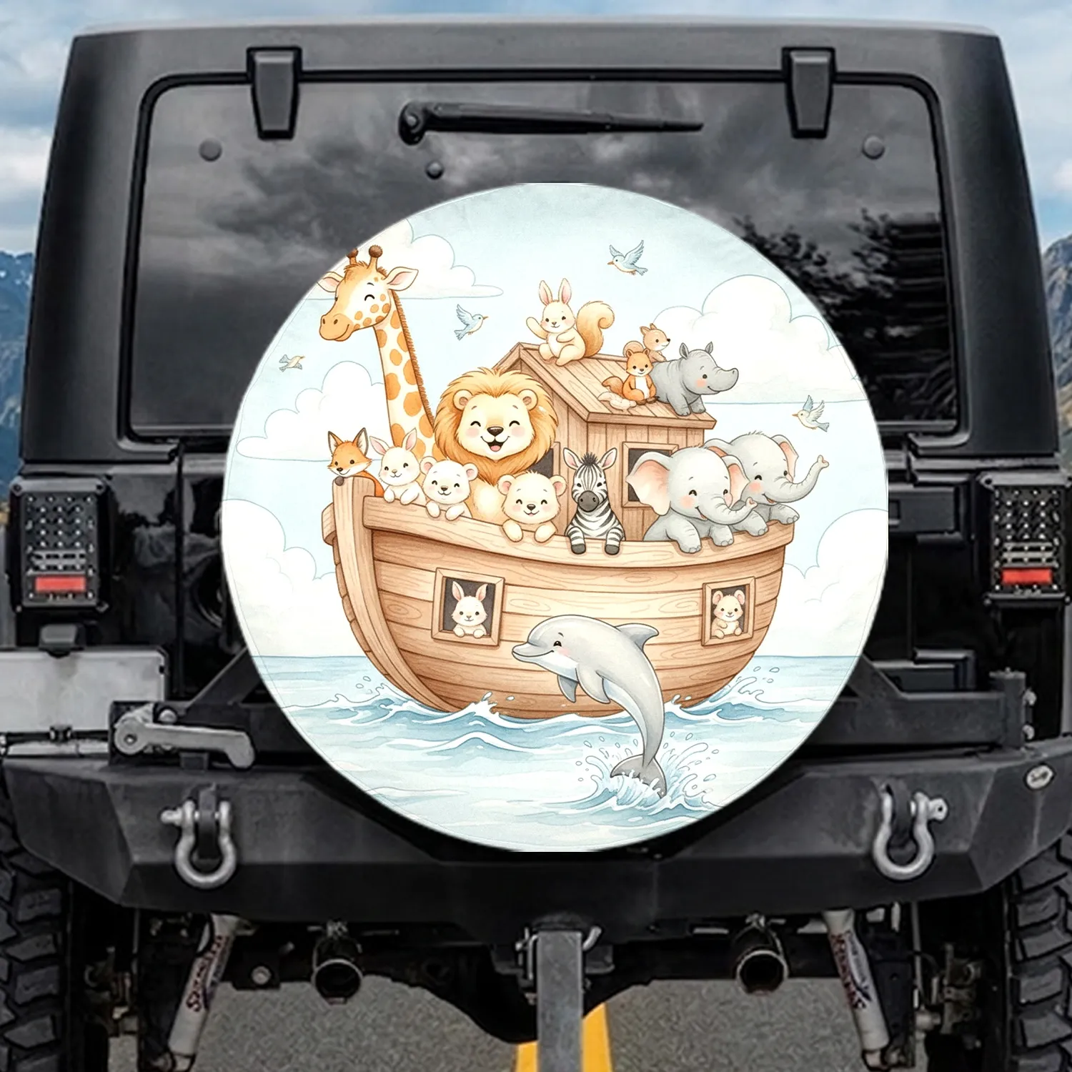 Dolphin Baby Animals Ark Boat Ocean - Animal Lover Gift Spare Tire Cover - 1
