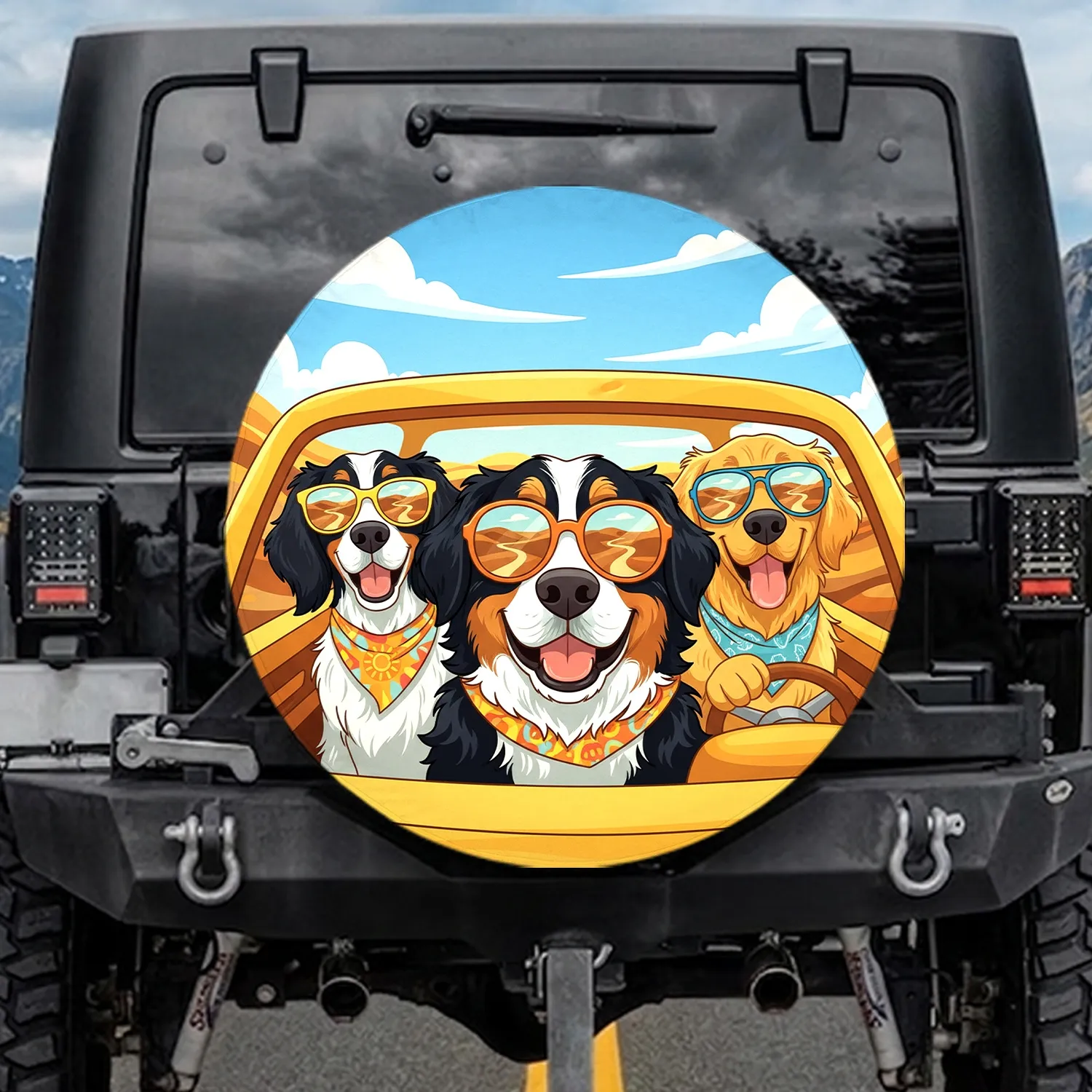 Three Happy Dogs Sunglasses Selfie Vehicle Interior - Adventure Road Trip Lifestyle Spare Tire Cover - 1
