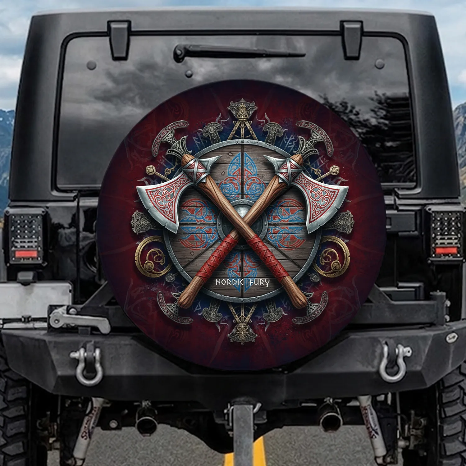 Nordic Crossed Axes Valknut Shield - Off Road Adventure Gift for Warrior Enthusiast Spare Tire Cover - 1