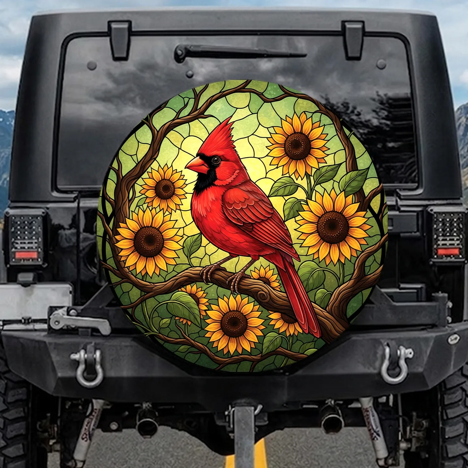 Red Cardinal Sunflowers Perched Branch - Garden Decor Gift for Bird Lovers Spare Tire Cover - 1