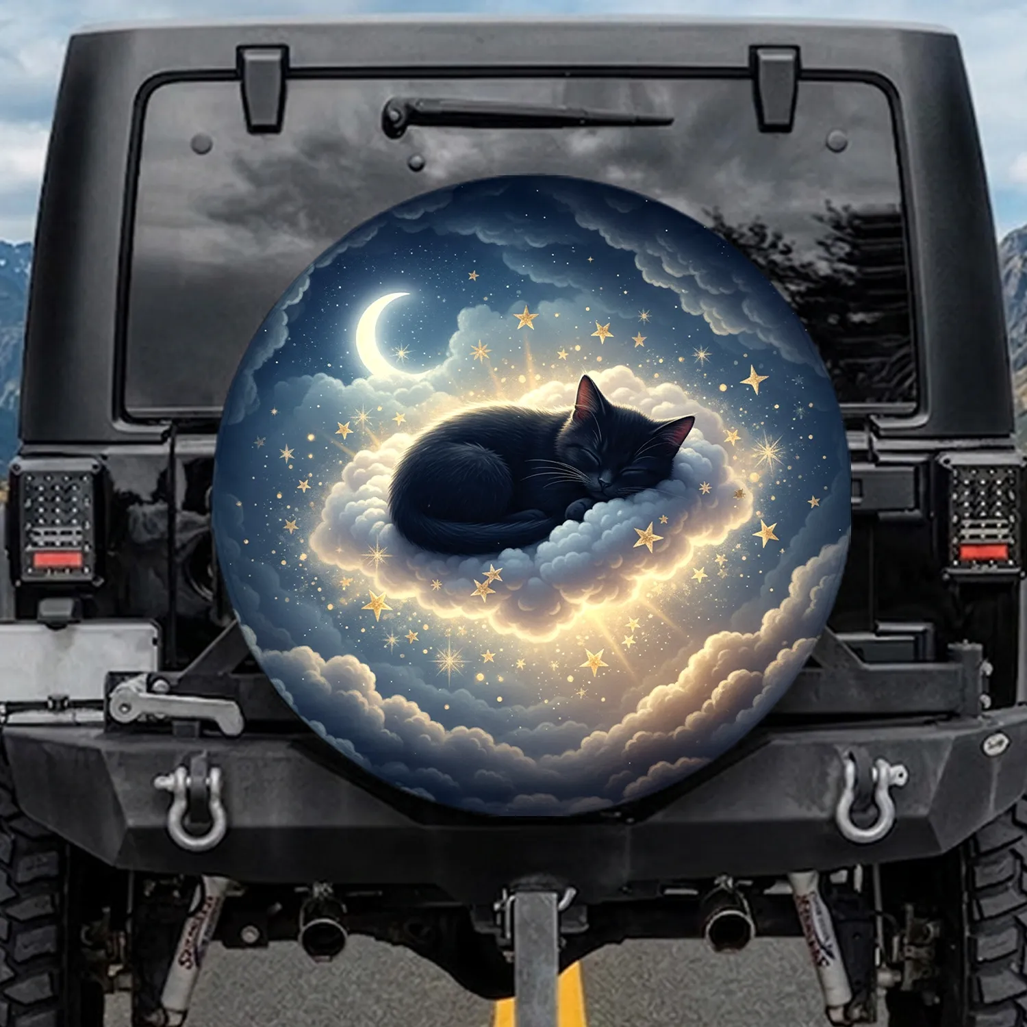 Deep Black Kitten Sleeping Clouds Golden Stars Crescent Moon - Cat Lover Gift Spare Tire Cover - 1