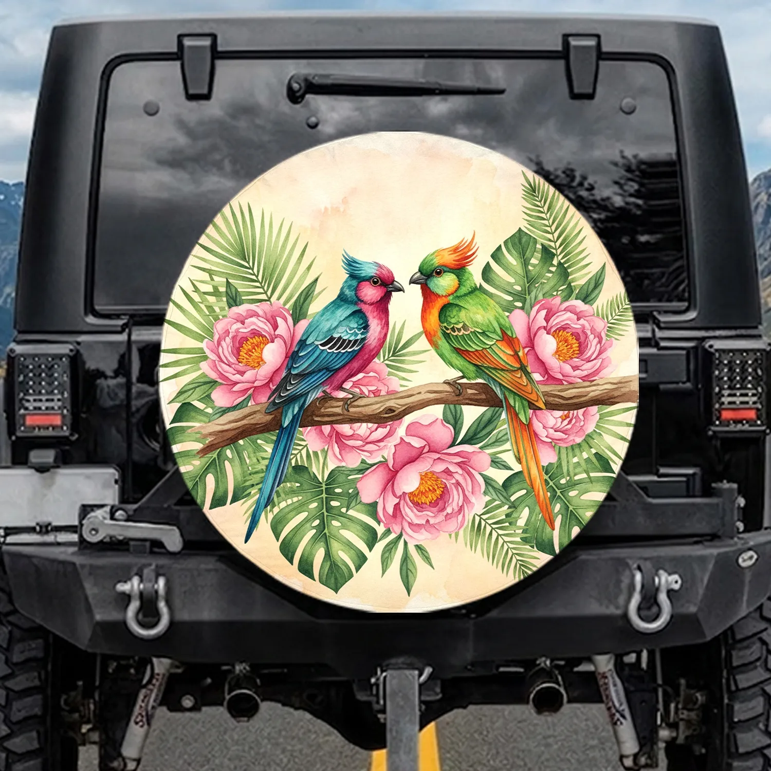 Teal Pink Green Birds Branch Peony Tropical Foliage - Wildlife Lover Gift Spare Tire Cover - 1