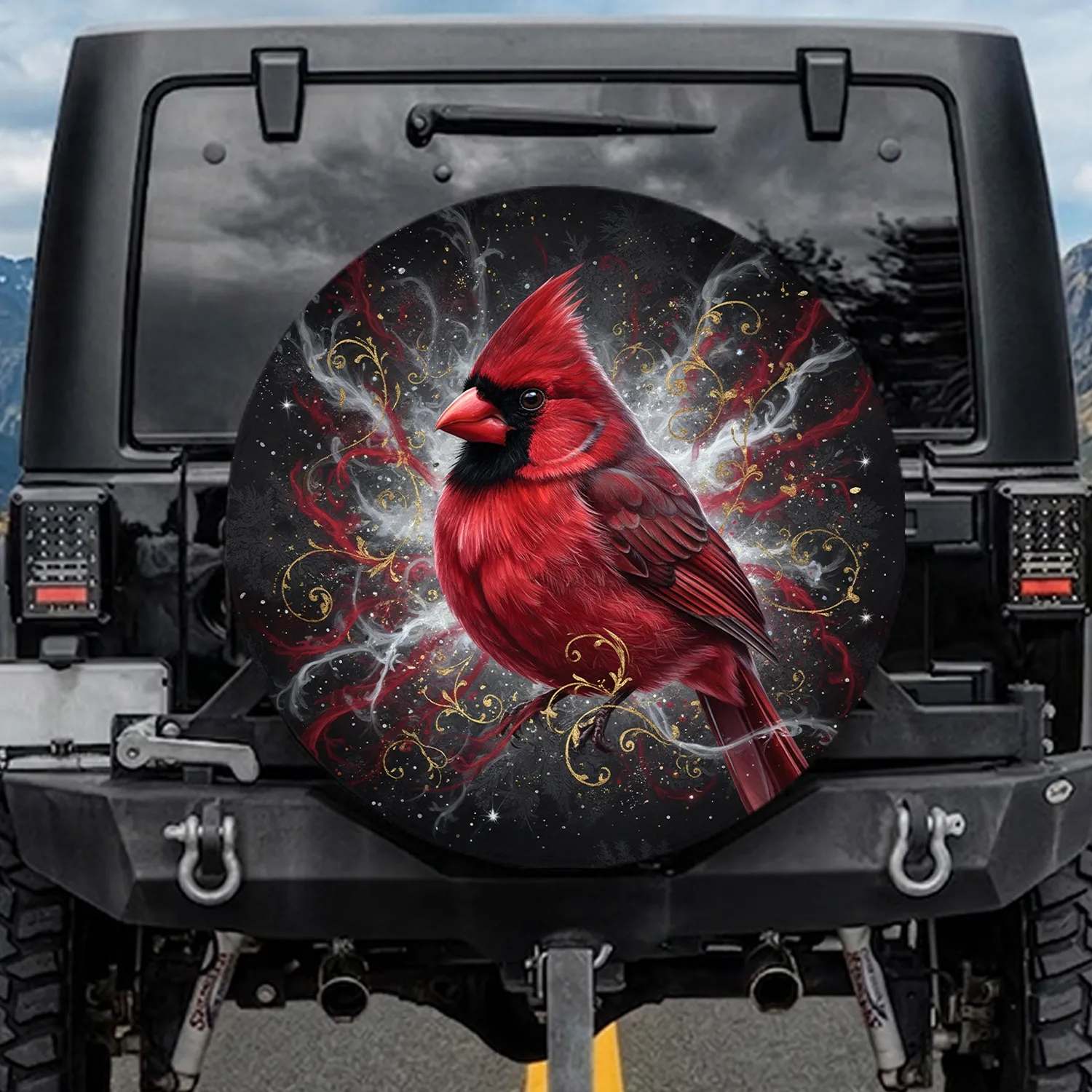 Northern Cardinal Gold Silver Stardust Snow - Wildlife Lover Gift Spare Tire Cover - 1