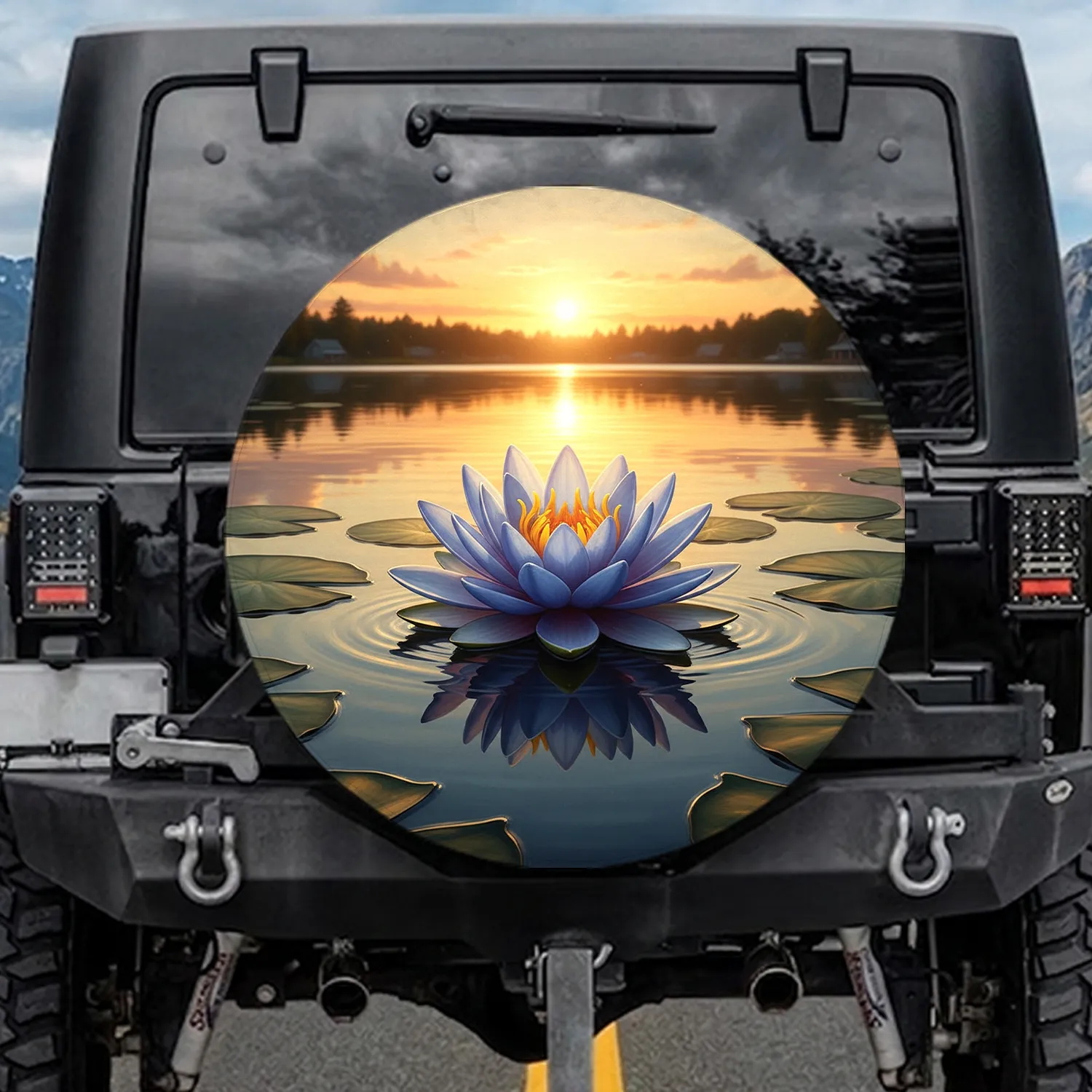 Blue Water Lily Golden Sunset Lake Trees - Nature Lover Gift Spare Tire Cover - 1