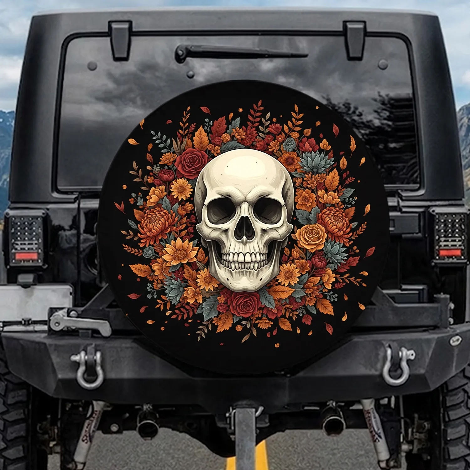 Realistic Skull Orange Red Flower Wreath Deep Shadows - Outdoor Decor Gift Spare Tire Cover - 1