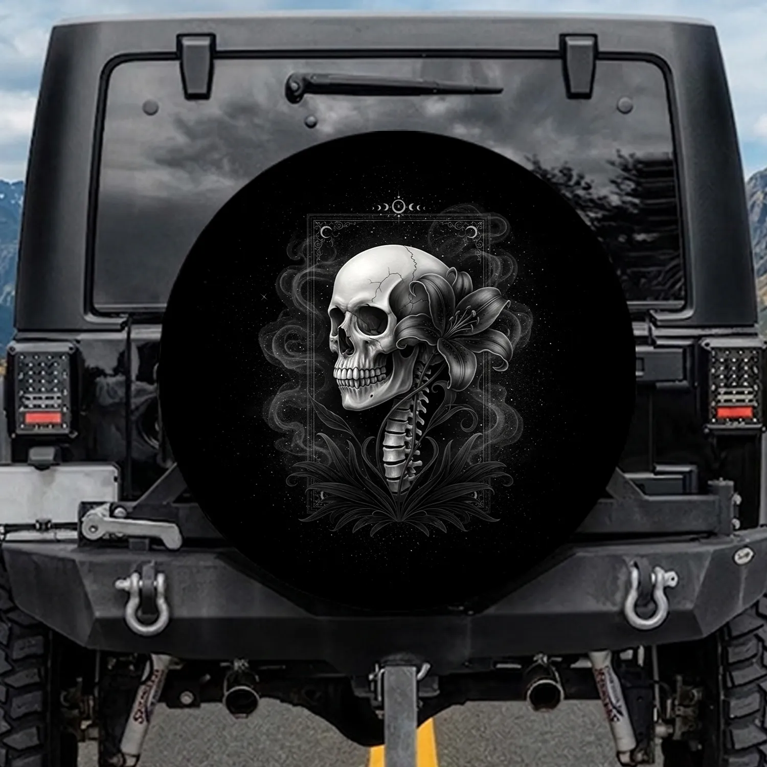 Realistic Skull Lily Gothic Border Celestial Symbols - Dark Vehicle Style Gift Spare Tire Cover - 1